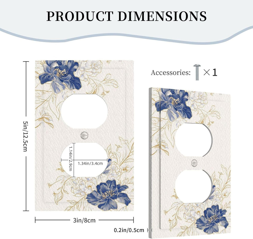 Decorative Outlet Covers Rustic Blue Flower Floral Gold Leaf 1 Gang Duplex Light Switch Cover Plate Unique Wall Plates for Electrical Outlets Switch Plate Covers for Bedroom Home Decor