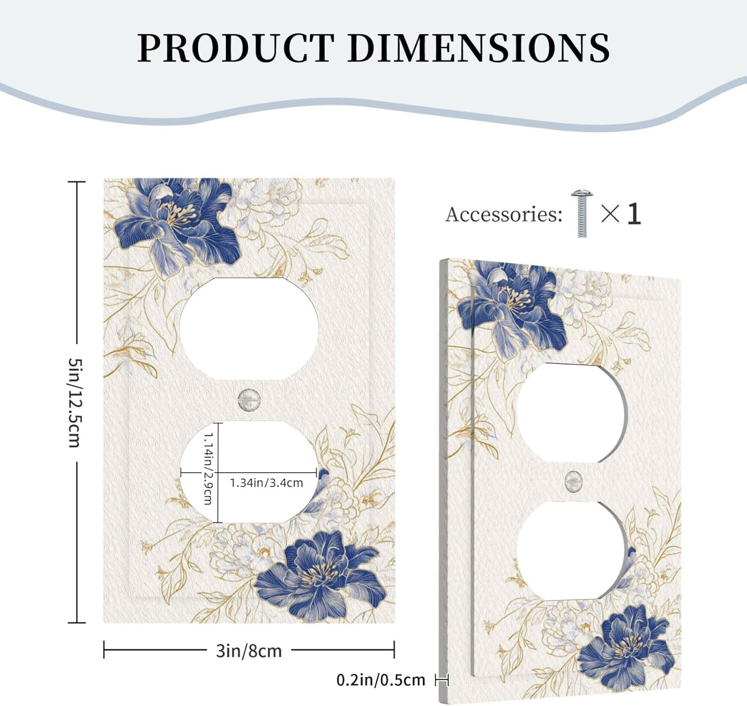 Decorative Outlet Covers Rustic Blue Flower Floral Gold Leaf 1 Gang Duplex Light Switch Cover Plate Unique Wall Plates for Electrical Outlets Switch Plate Covers for Bedroom Home Decor
