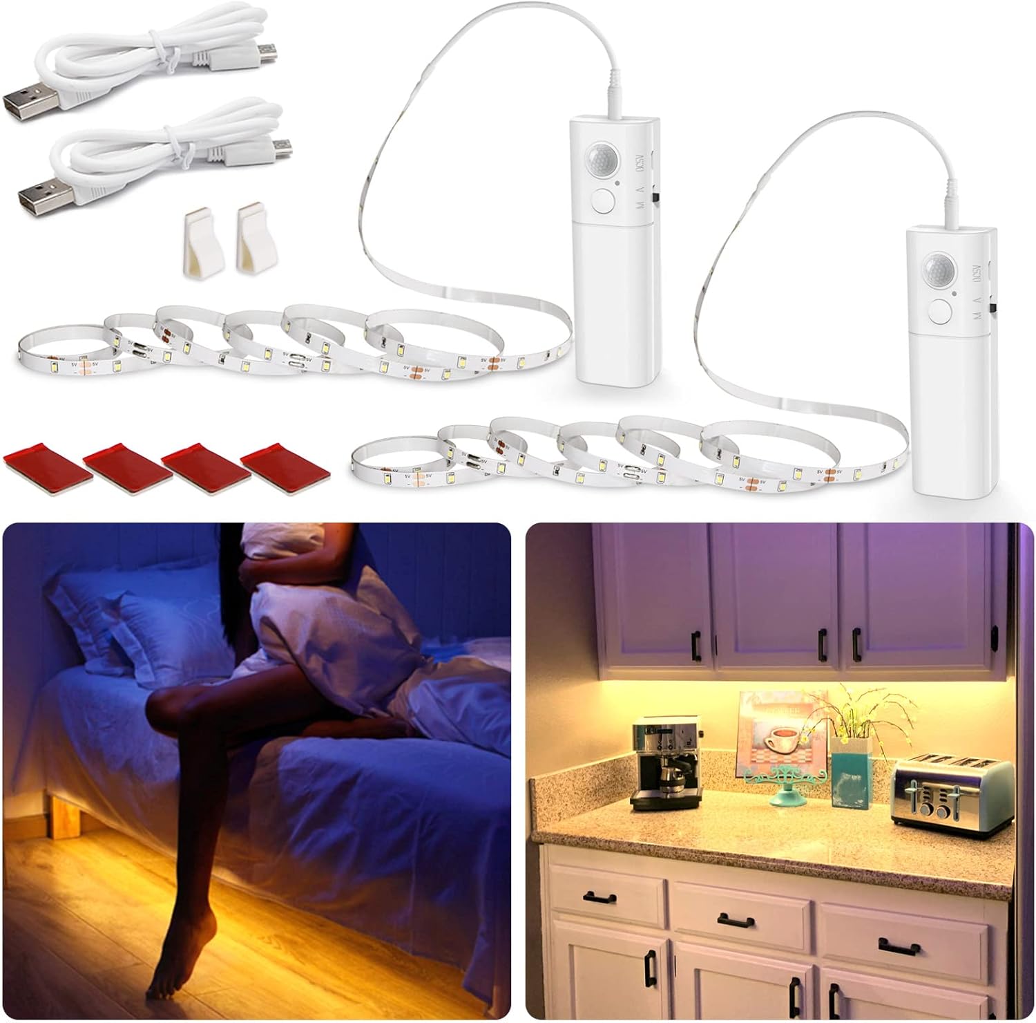 WOBANE Rechargeable Motion Sensor Strip Light, LED Closet Lights,Upgraded Battery Operated LED Strip Light for Wardrobe,Stair,Pantry,Cupboard,Bed,Locker,2700K Warmwhite,6.56ft,2 Pack
