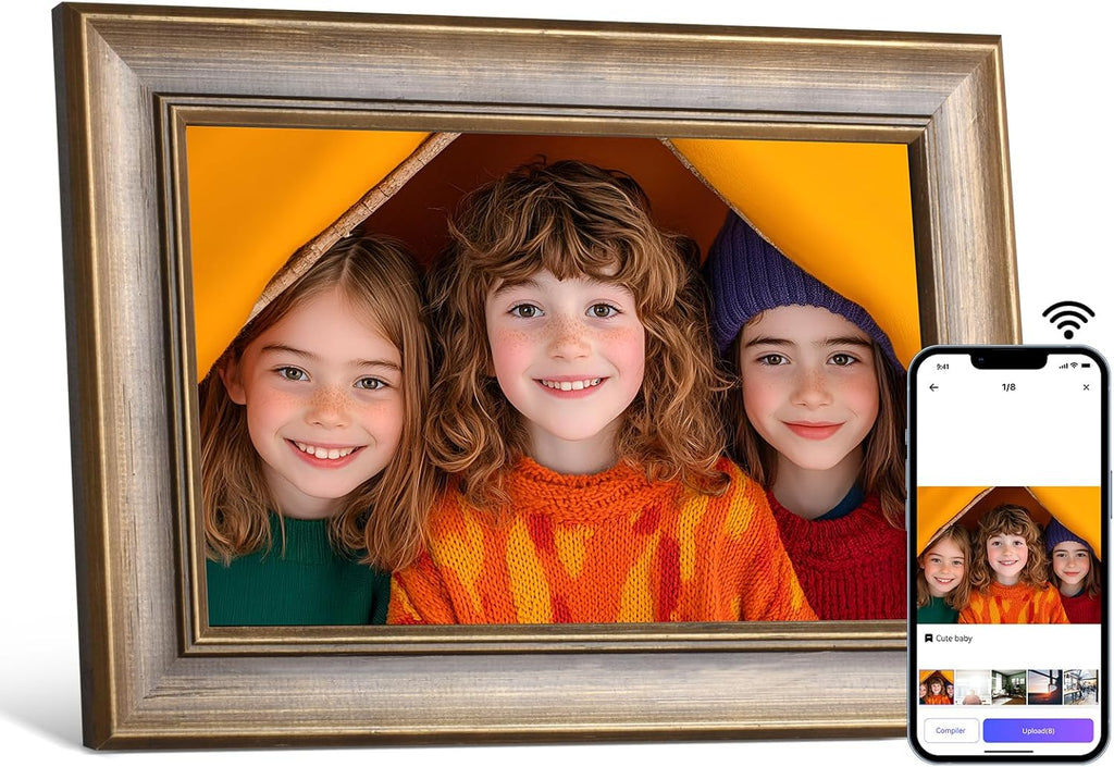 10.1 Inch Wood Finish Digital Picture Frame, Smart WiFi Digital Photo Frame, 1280x800 IPS HD Touchscreen – Effortlessly Share Photos and Videos from Anywhere