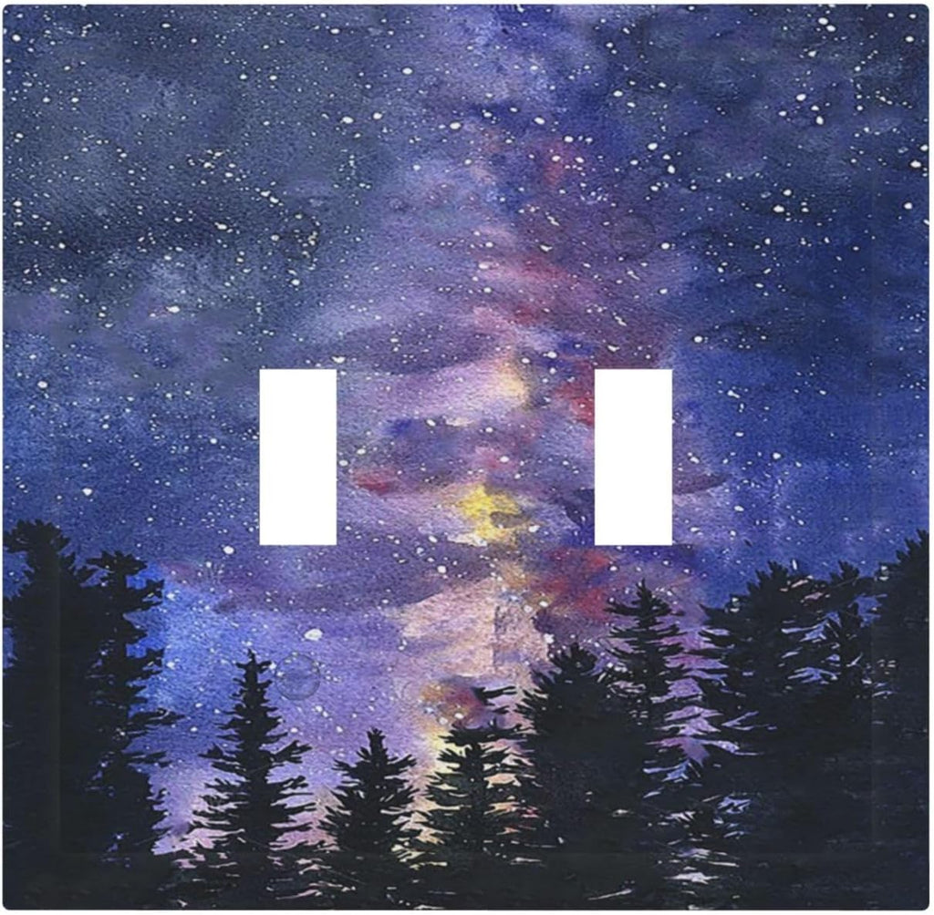 Decorative Switch Plates Dream Milky Way Starry Forest Pine Watercolor Painting 2 Gang Double Toggle Wall Plate Outlet Light Switch Cover Electrical Faceplate for Bedroom Home Decor