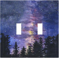 Decorative Switch Plates Dream Milky Way Starry Forest Pine Watercolor Painting 2 Gang Double Toggle Wall Plate Outlet Light Switch Cover Electrical Faceplate for Bedroom Home Decor
