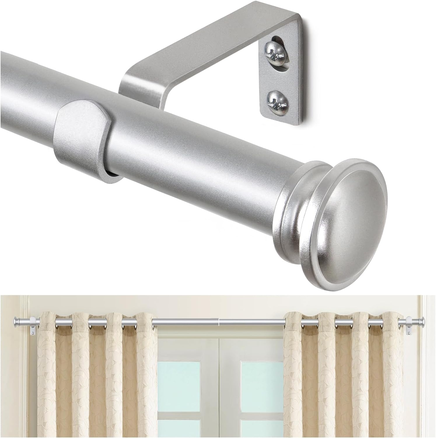 TONIAL Curtain Rod 32 to 86 Inch(2.6-7.2ft), Telescoping Splicing 3/4 Drapery Rods for Windows 54 to 82 Inch(4.5-6.8ft) with Small Cap Finial, Silver