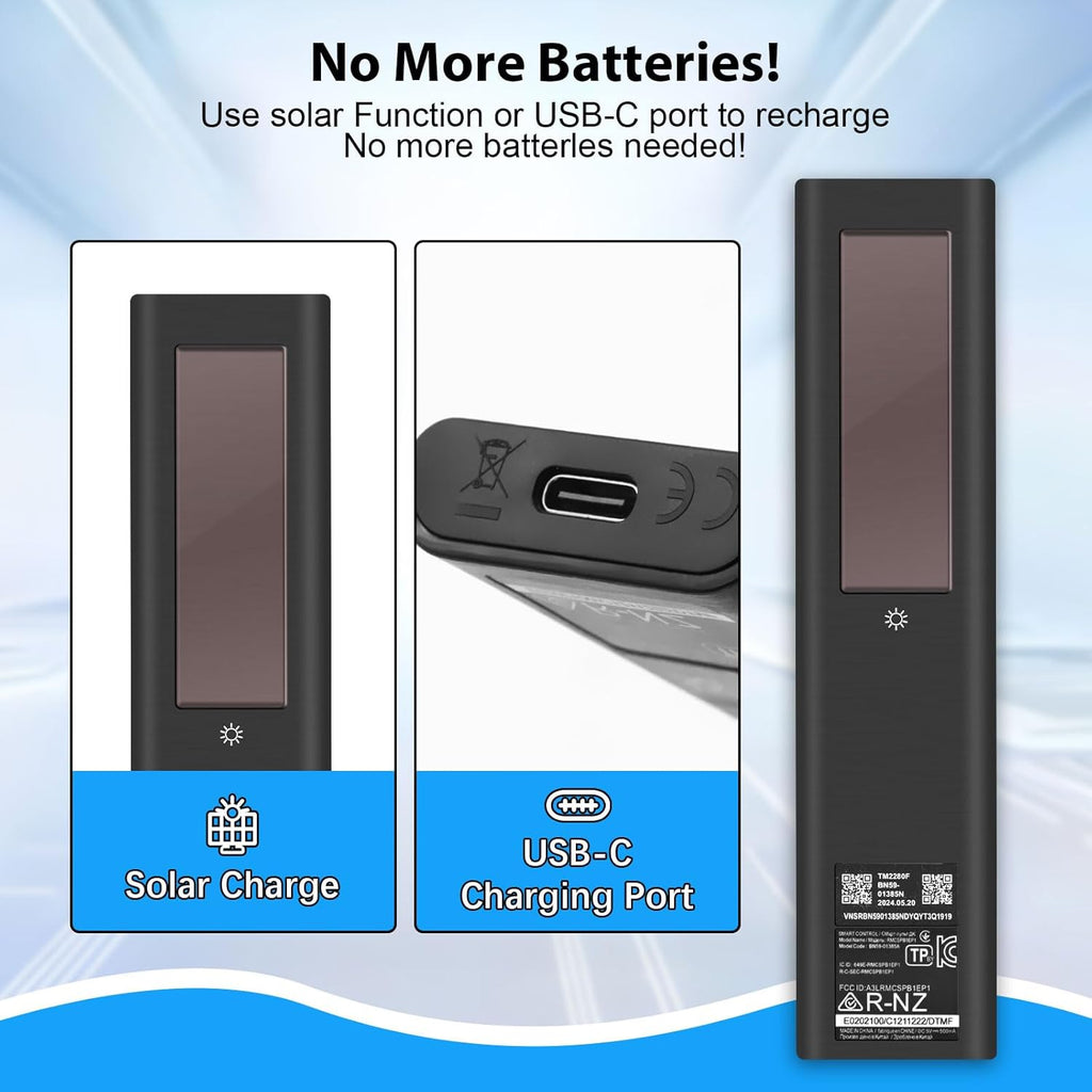 AI Solar Voice Remote Compatible with Samsung Smart TVs 2018–2025, Bluetooth Rechargeable Remote with Solar Charging, USB-C Port, Smart Assistant Control & App Shortcut Buttons