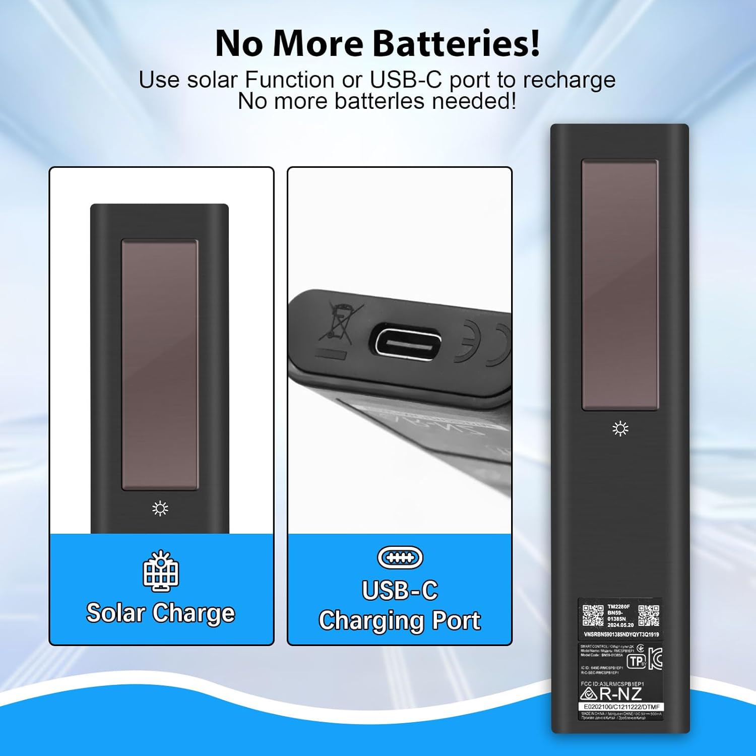 AI Solar Voice Remote Compatible with Samsung Smart TVs 2018–2025, Bluetooth Rechargeable Remote with Solar Charging, USB-C Port, Smart Assistant Control & App Shortcut Buttons