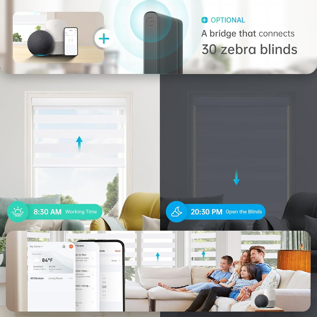 DENFOON Motorized Zebra Blinds, Solar Powered Dual Layer Automatic Shades with Remote Control, Rechargeable Smart Blinds Horizontal Wireless Electric Shades for Windows, Custom Size, White， 34¼ x 72