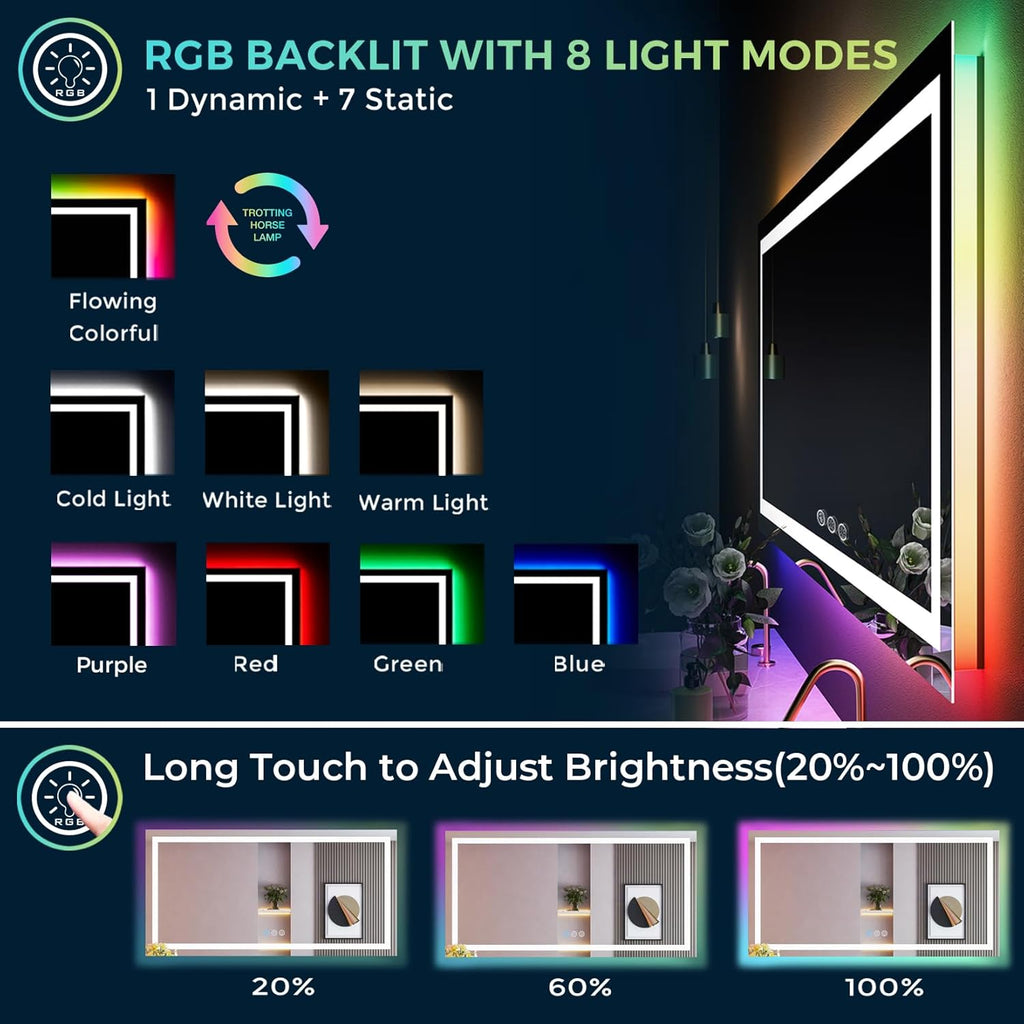 55x36 Inch RGB LED Bathroom Mirror Front Light and RGB Backlit Lighted Vanity Mirror for Bathroom Wall Mounted Dimmable Anti Fog Memory Shatter-Proof IP54 Waterproof Horizontal/Vertical