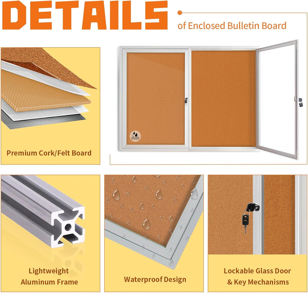 Lockable Outdoor Enclosed Bulletin Board, Weatherproof Cork Noticeboard with Locking Door, Wall-Mounted Aluminum Framed Display Case for Messages (Silver Frame & Cork, 44x32 in)