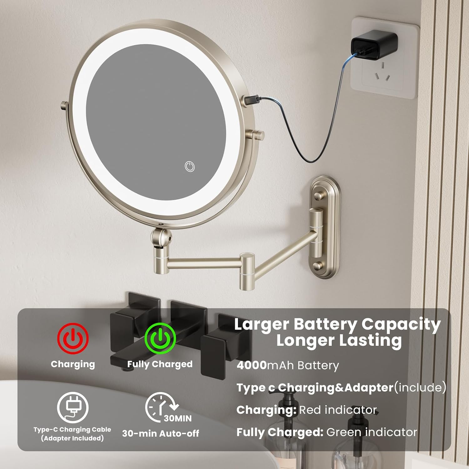 Rocollos 9-Inch Large Makeup Mirror with 30X Magnification, Rechargeable Wall Mounted Vanity Mirror with Lights, 3 Color Dimmable LED, Touch Screen & Retractable Arm-Black (9INCH-Nickel)