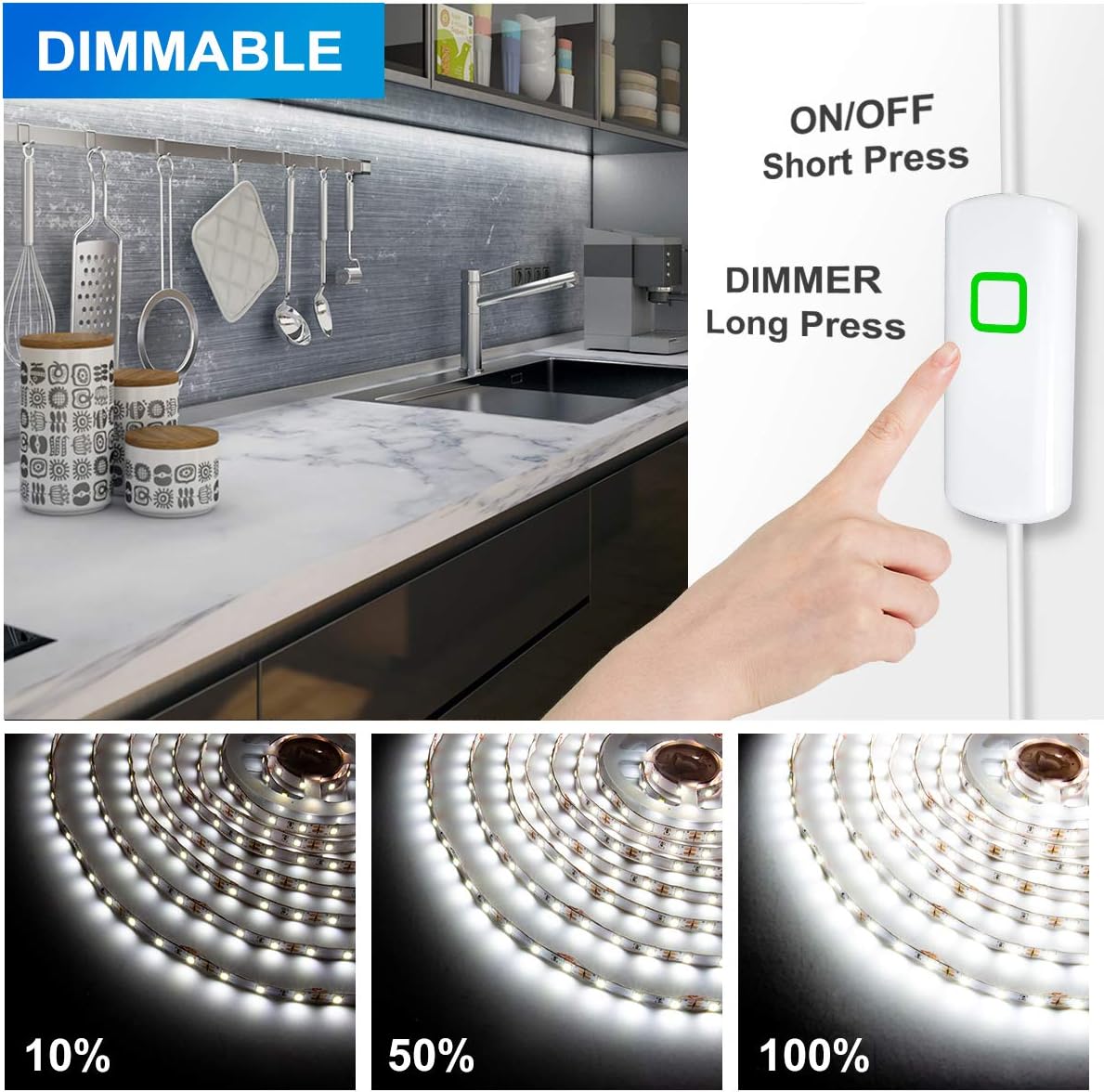 MYPLUS 65.6FT White Strip Lights, Dimmable LED Tape Light 6500K Bright Daylight White, Flexible Under Cabinet Lights with 1200 LEDs and UL Listed Safety Power Supply for Room,Kitchen and décor
