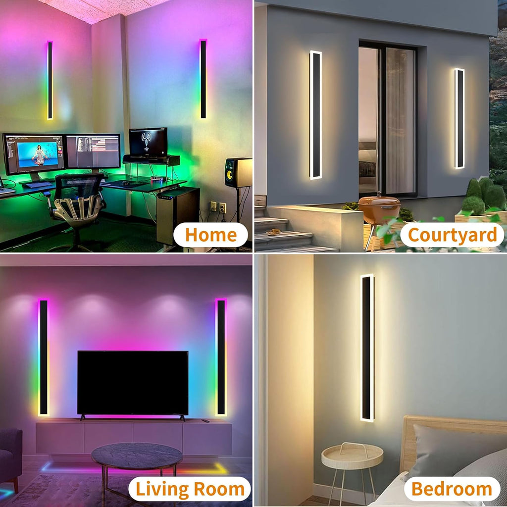2 Pack Outdoor RGB Long Wall Lights, 39.4inch Wall Lights RGB/Warm/White Dimmable Modern Led Wall Lighting, Ip65 Waterproof Wall Sconce with Remote APP Control for Outdoor/Indoor Party Gathering