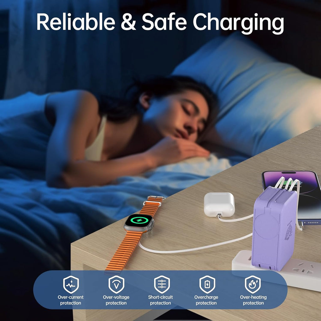 Retractable Apple Watch Charger, 5 in 1 Travel Charging Station for Apple Devices, Retractable Chargers for Multiple Devices with Multi Charging Cable, Charger Block for Apple Gear (Purple)