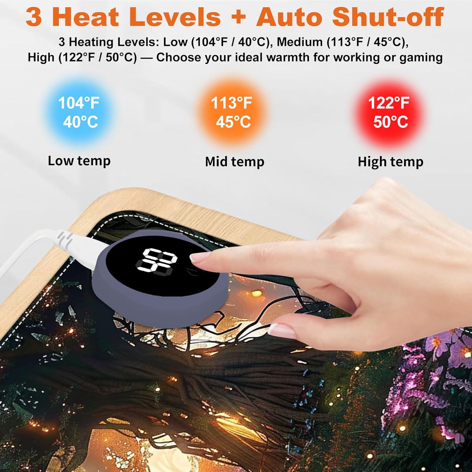 Heated Mouse Pad for Desk 31.5" x 13" – PU Leather Warm Desk Pad with 3 Heat Levels (104°F/113°F/122°F), Plug-in Electric Heating Mat with Auto Shut-Off, Waterproof & Rollable, Glowing Forest