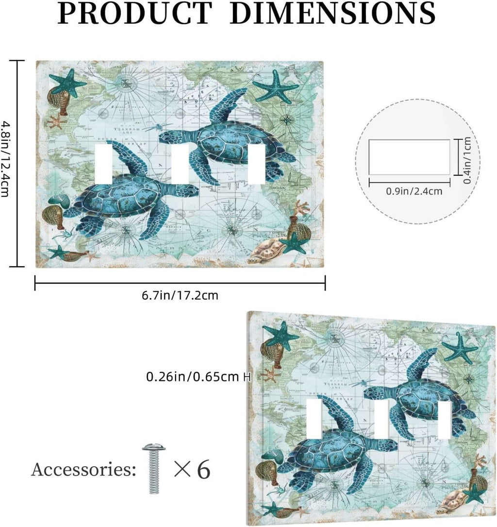 Decorative Switch Plates Nautical Green Sea Turtles Beach Blue Ocean 3 Gang Wall Plate Triple Toggle Light Switch Cover Faceplate Electrical Wall Panels For Bathroom Kids Room Decor
