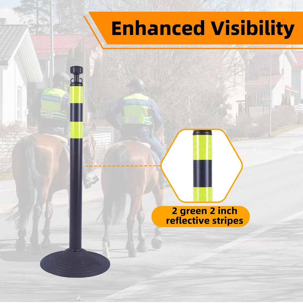 6 Pack 39 Inch Black Traffic Delineator Posts with 2 Green Reflective Stripes, Safety Posts Cones with 6.6 Feet Chains and 14 Inch Rubber Base for Road Safety,Parking Lot (Black)