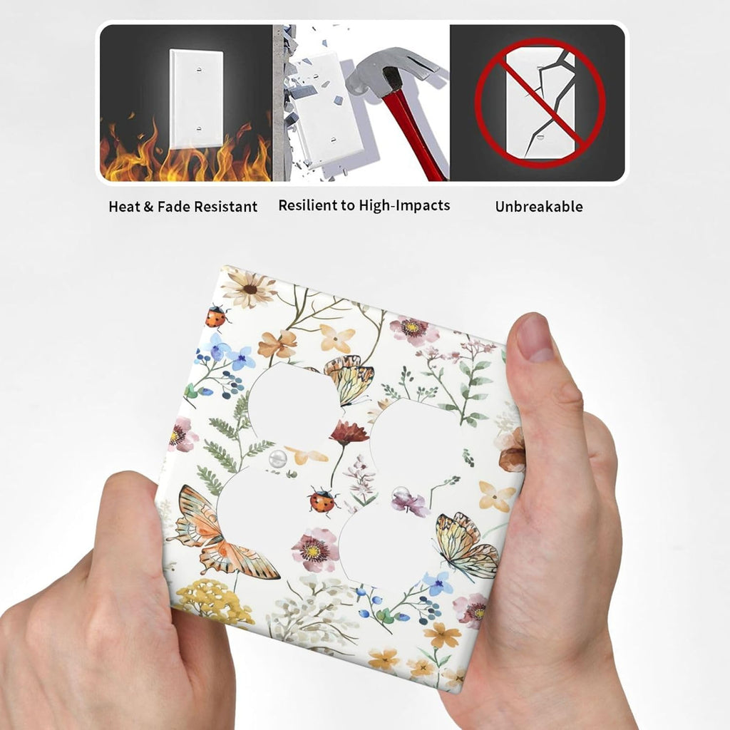 Decorative Outlet Covers Rustic White Butterfly Flowers Leaves 2 Gang Wall Plate Cover Double Duplex Receptacle Two Switch Light Switch Cover Plate Jumbo Dual Faceplate for Home Decor