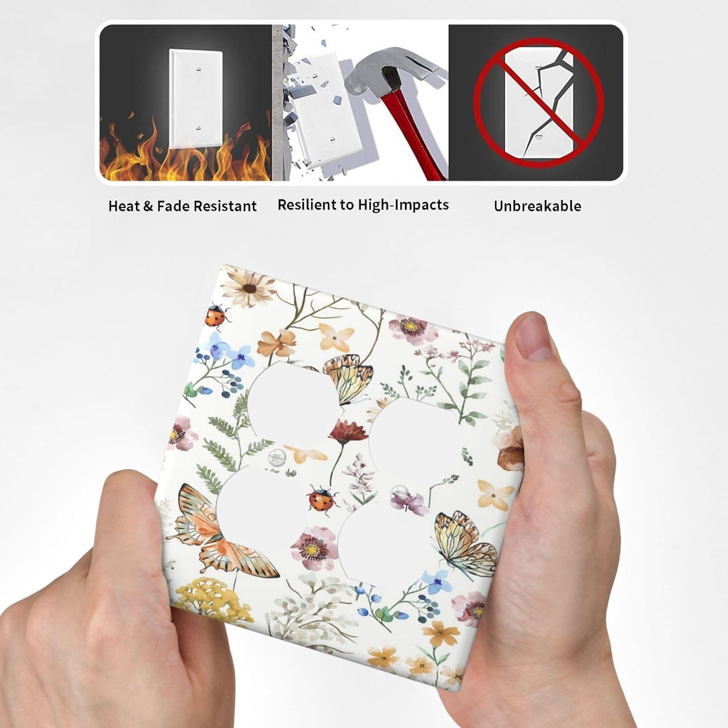 Decorative Outlet Covers Rustic White Butterfly Flowers Leaves 2 Gang Wall Plate Cover Double Duplex Receptacle Two Switch Light Switch Cover Plate Jumbo Dual Faceplate for Home Decor