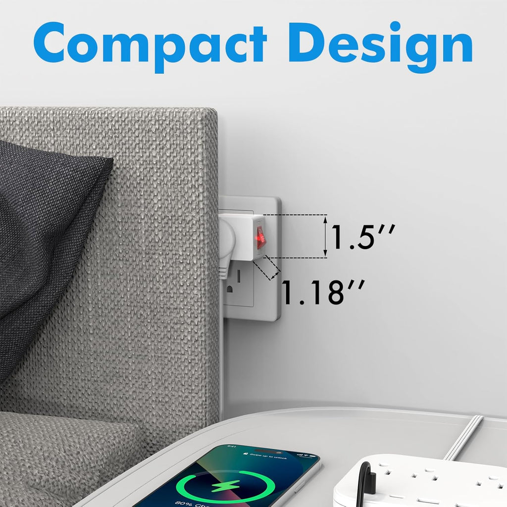 PowerCords [ETL Listed] 3Pack Grounded Outlet Switch w/ON/Off, Plug in Single Outlet Adapter Electrical Switches, Inline Power On Off Switch for Lamp/Devices – Cruise Safe, No Surge Protection, White