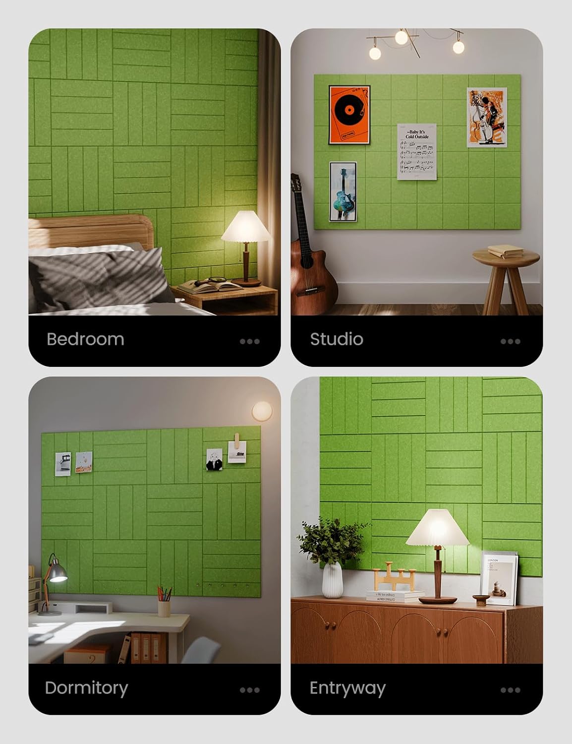Felt Bulletin Board Tiles Large 48" x 36" Cork Board Alternative-12 Pack with 70 Adhesive Tabs, Thick Slat Wall Panels for Office Decor, Push Pin Board Wall Organizer Alternative-Kelly Green