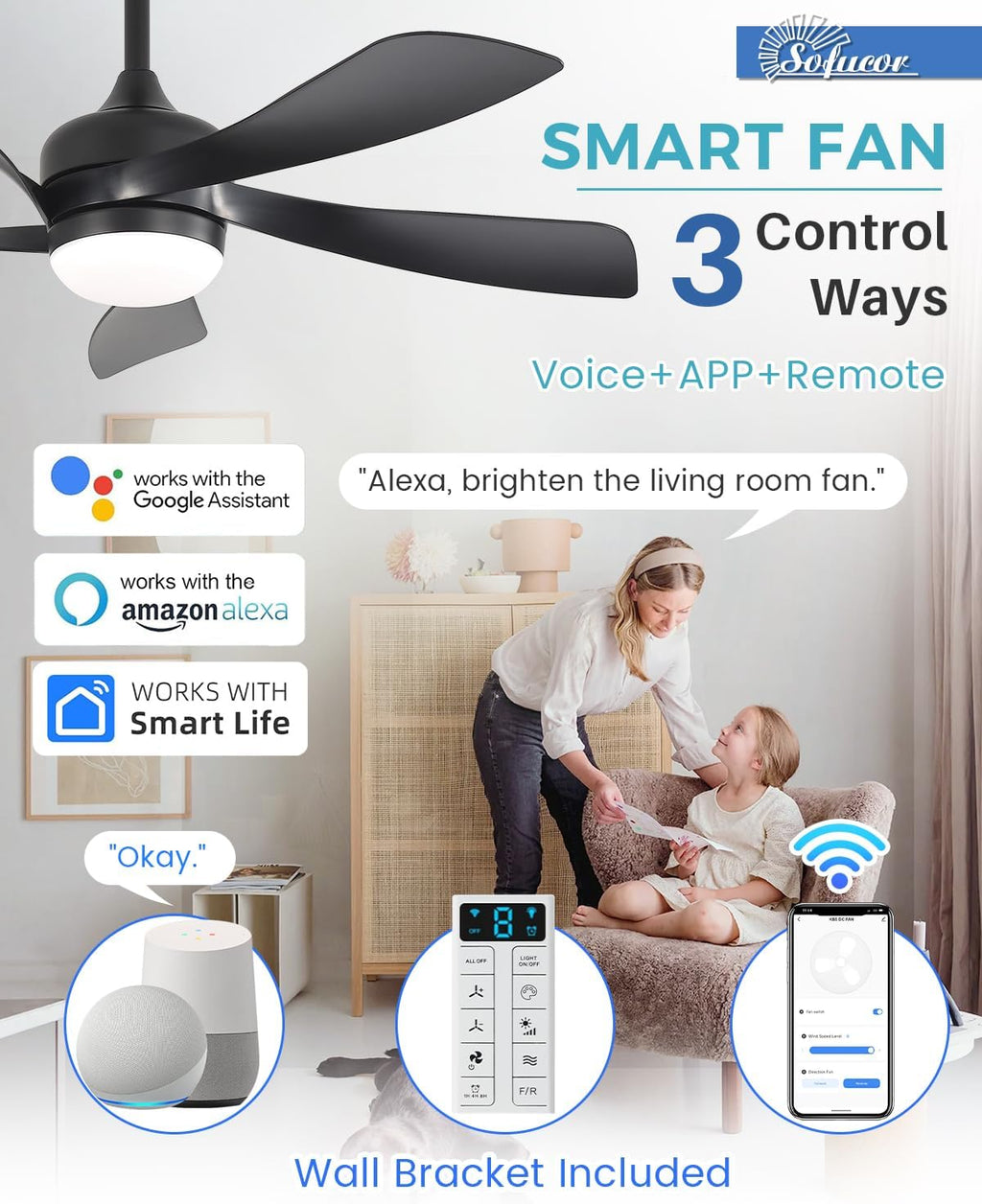 Sofucor 45" Smart Ceiling Fan, Indoor/Outdoor Black Ceiling Fans with Lights and Remote, Works with Alexa/Google/App, 3-Color Light 6-Speed Timing Reversible DC Motor for Bedroom Living Room Patio