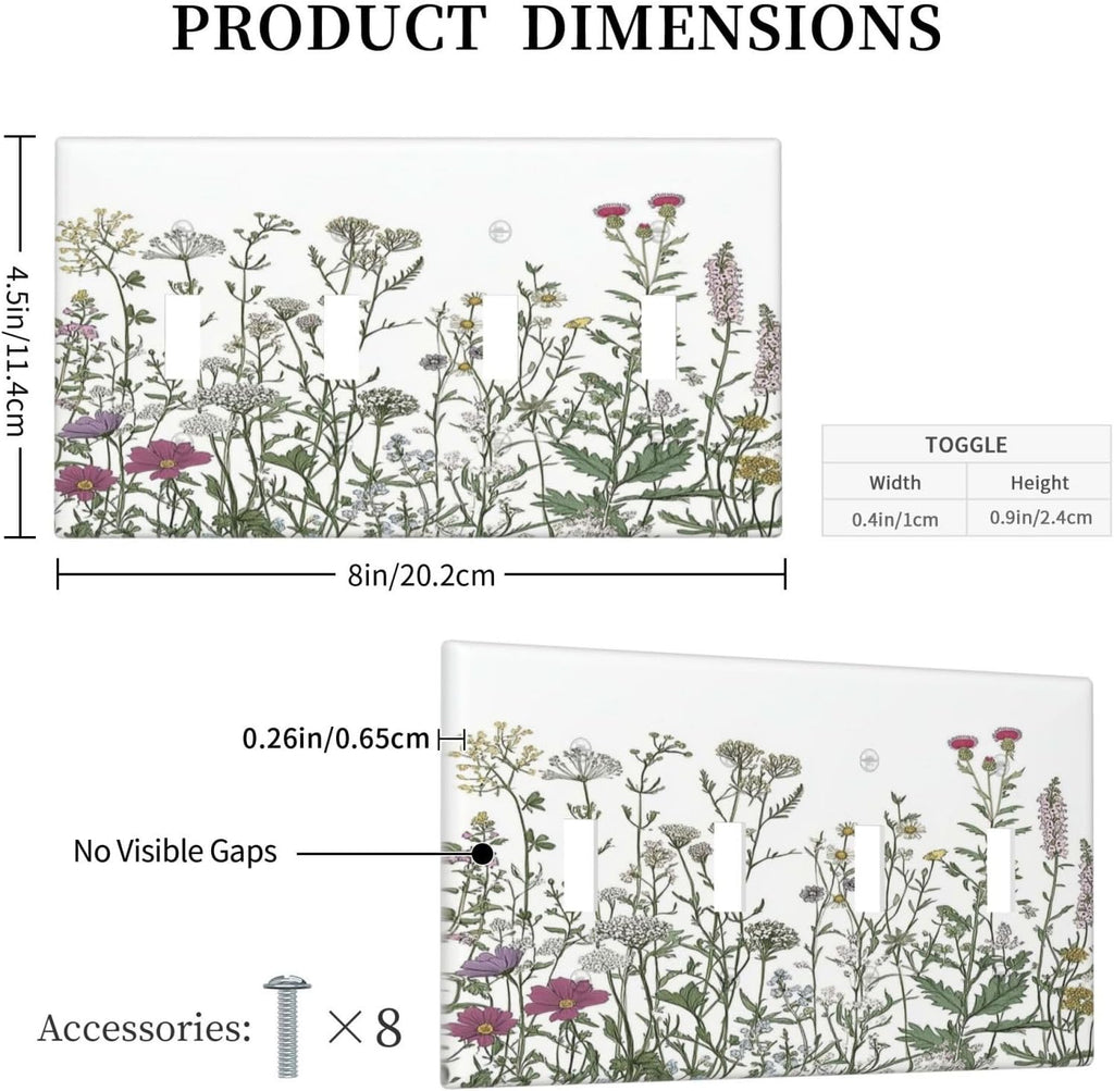 Vintage Herbs Wildflowers Plant Floral Light Switch Covers Quad Toggle Electrical Faceplate 4 Gang Wall Plate Decorative Switch Plates For Bed Room Home Decor