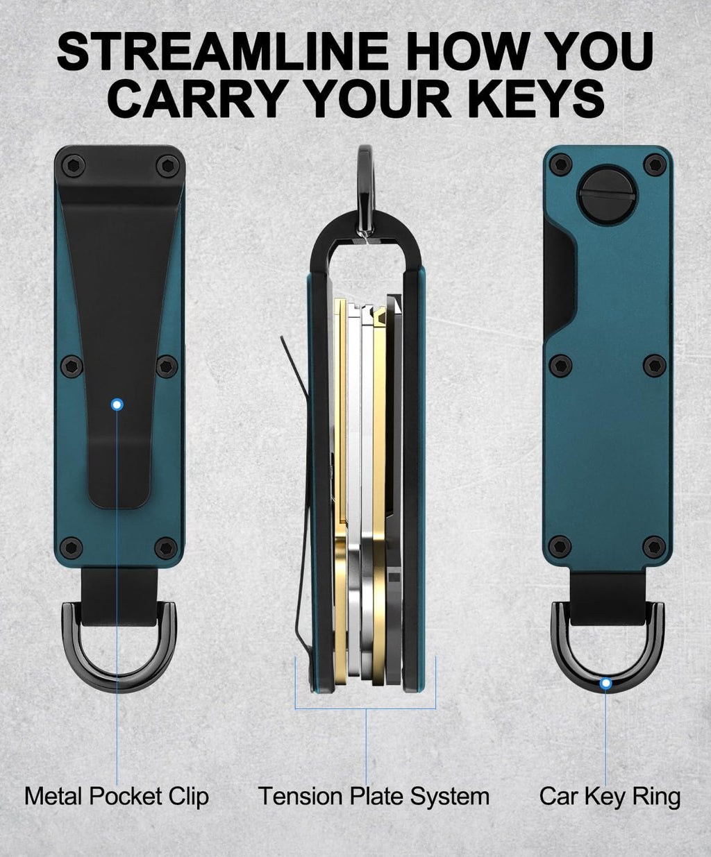 Mens Key Organizer - Compact Metallic Key Holder | Minimalist Innovative Keyholder | Smart Keychain Secures 1-5 Keys