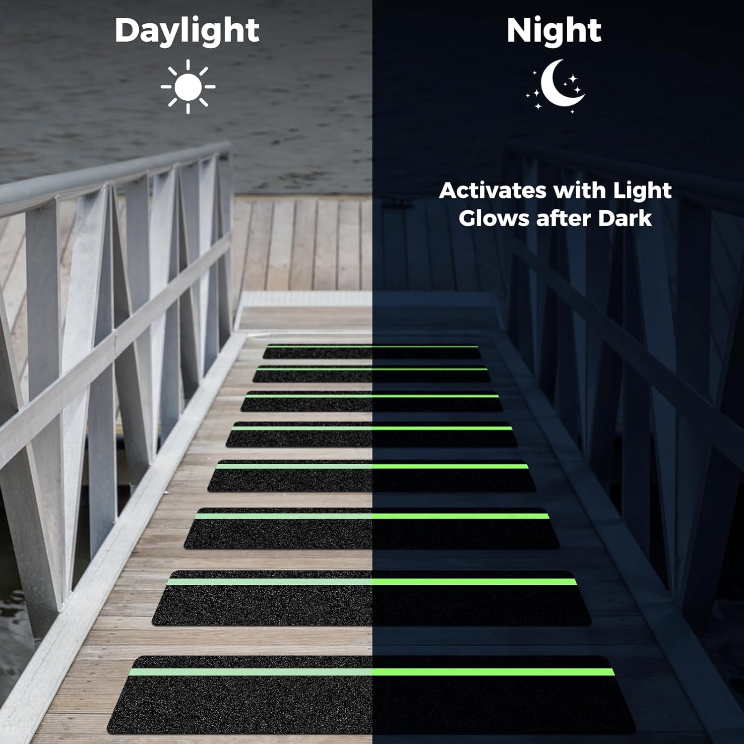 10 Pack 6” x 32” Anti Slip Traction Treads with Glow in The Dark Stripe, Outdoor Waterproof Non Skid Pre-Cut Tape with Roller, High Traction Friction Abrasive Adhesive for Stairs Step