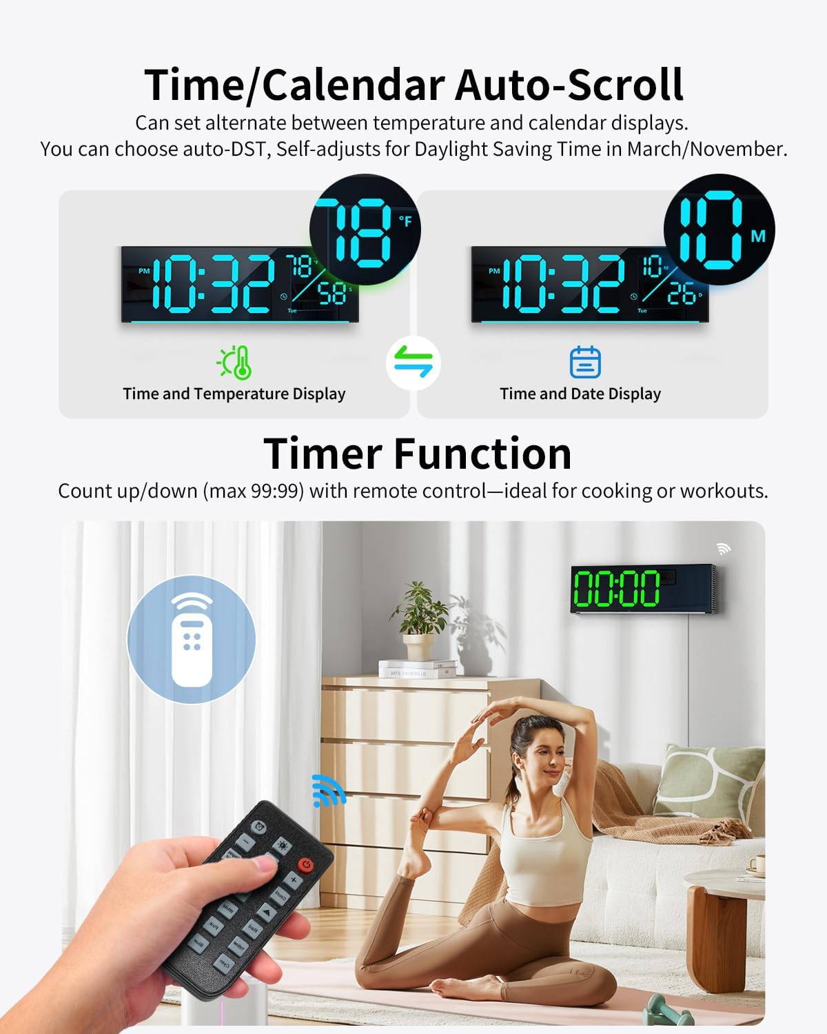 Digital Wall Clock, Large Display Digital Clock with 11 RGB Colors, Wall Clock with Night Light, Alarm Clock, Date, Week, Temp, DST for Living Room, Bedroom, Classroom Decor, Gift for Senior Mom Dad