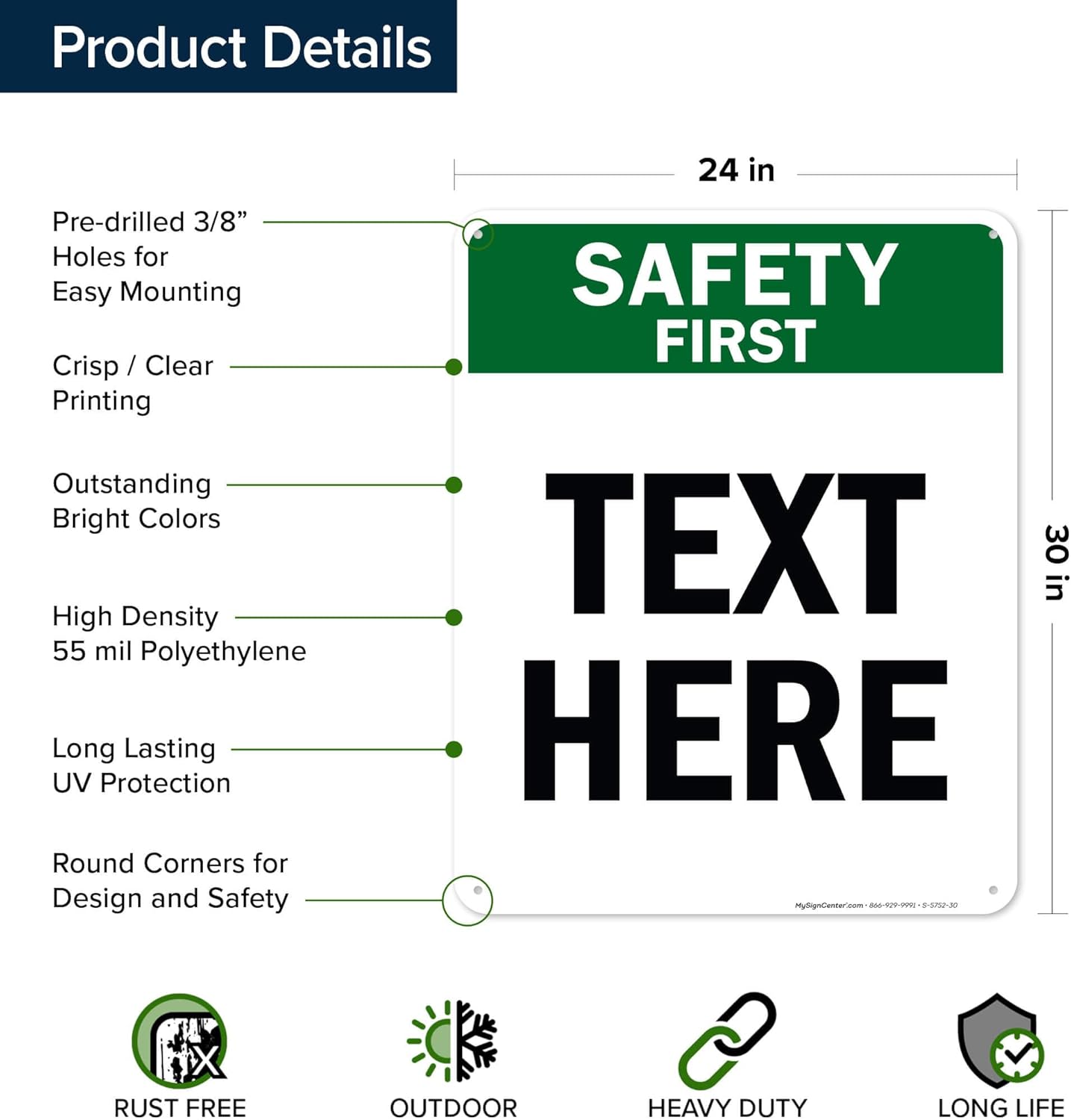 Custom Safety First Sign, OSHA Sign, 24x30 Inches, 55 mil thick HDPE (high density polyethylene), Made in USA by My Sign Center