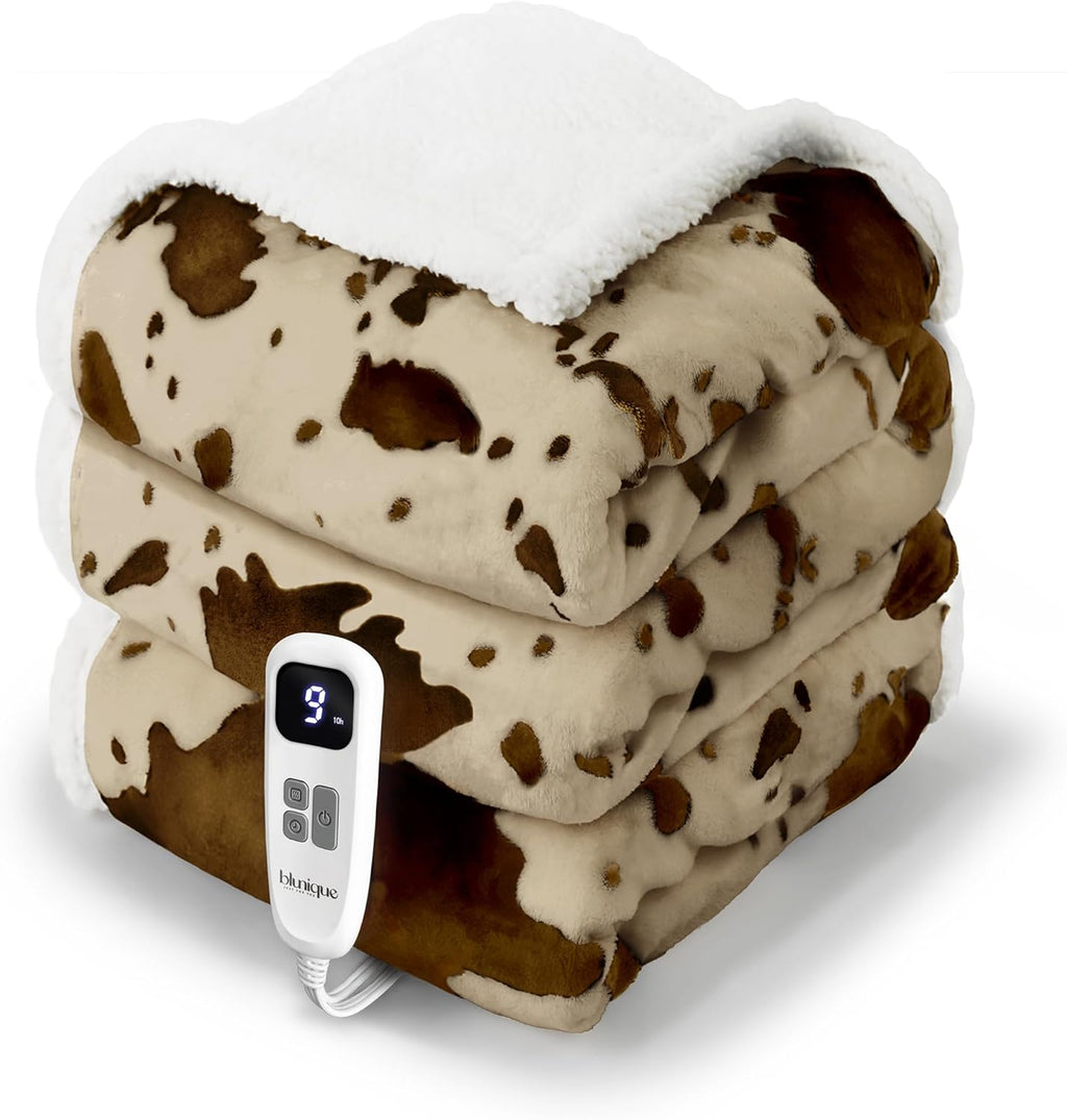 Cow Print Heated Blanket Twin-Heating Electric Blanket Twin with 10 Heat Levels & 10 Hours Auto-Off, Cozy Soft Fleece Sherpa, Washable, 62 x 84 Inches Cow Print Apricot