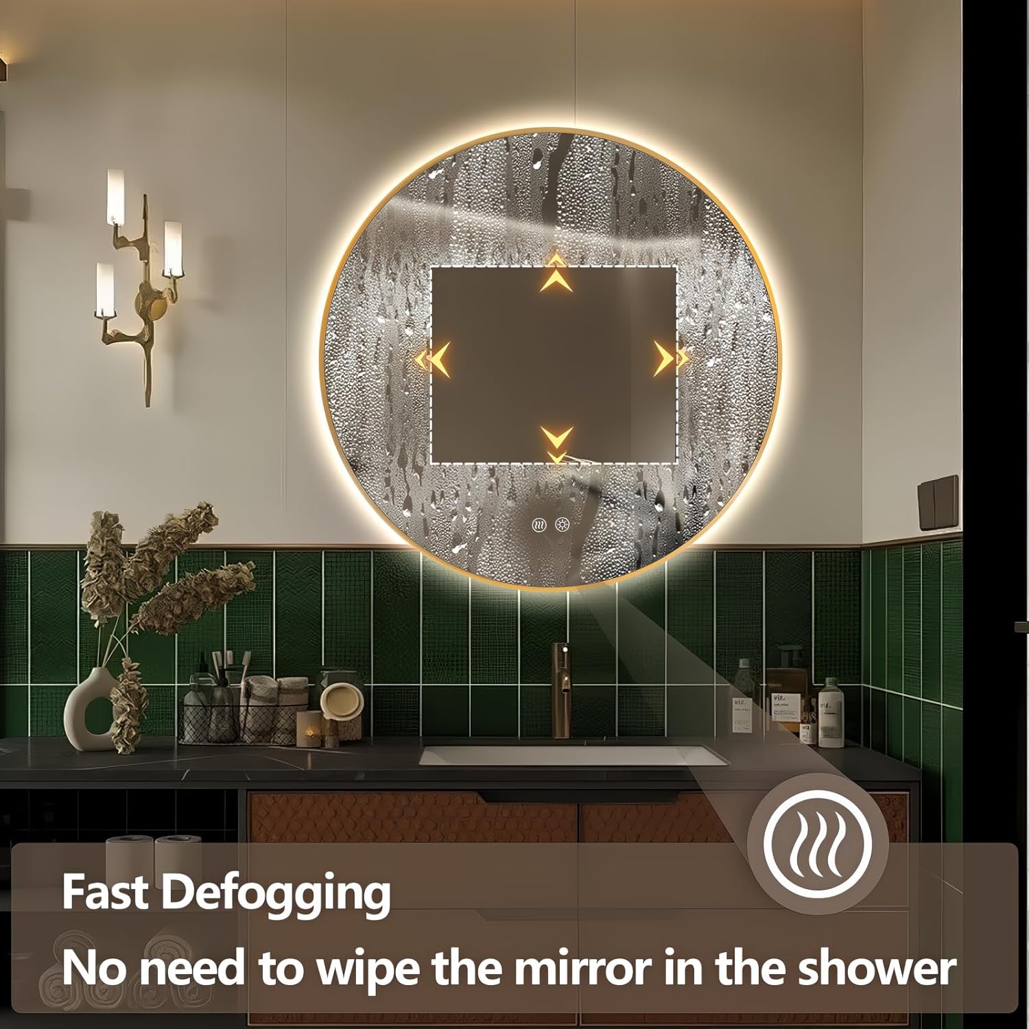 Niccy Round Led Mirror for Bathroom, 30" Backlit Mirror for Wall Circle Lighted Mirror with Gold Frame Anti-Fog, 3 Colors, HD Glass and IP65 Waterproof
