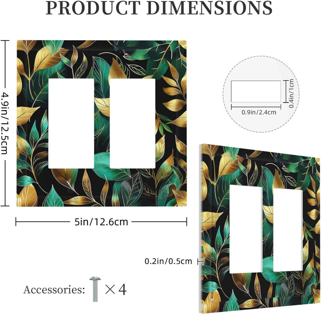 Decorative Outlet Covers Vintage Dark Green Vine Leaf Golden Plants 2 Gang Double GFCI Rocker Electrical Wall Panels Light Switch Cover Plate for Bed Room Cabin Decor