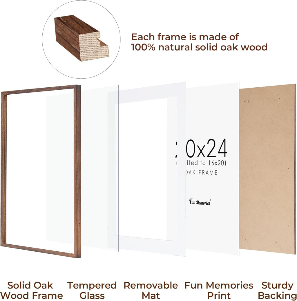20x24 Picture Frames, Rustic Solid Oak Wood Frame 20 x 24 for Wall, Wooden 20 by 24 Photo Frames with Tempered Real Glass, 20x24 Poster Frame Matted to 16x20 (Walnut Color, 1 Pack)