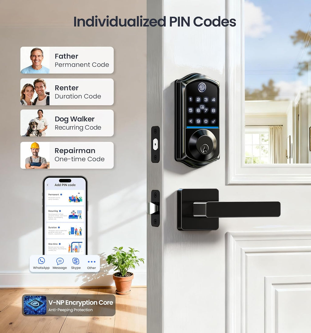 Veise VE017-B Fingerprint Smart Lock for Front Door, App Control, 7-in-1 Keyless Entry Deadbolt with 2 Zinc Alloy Lever Handles Set, Emergency Power Port, Auto Lock, Electronic Keypad, Black
