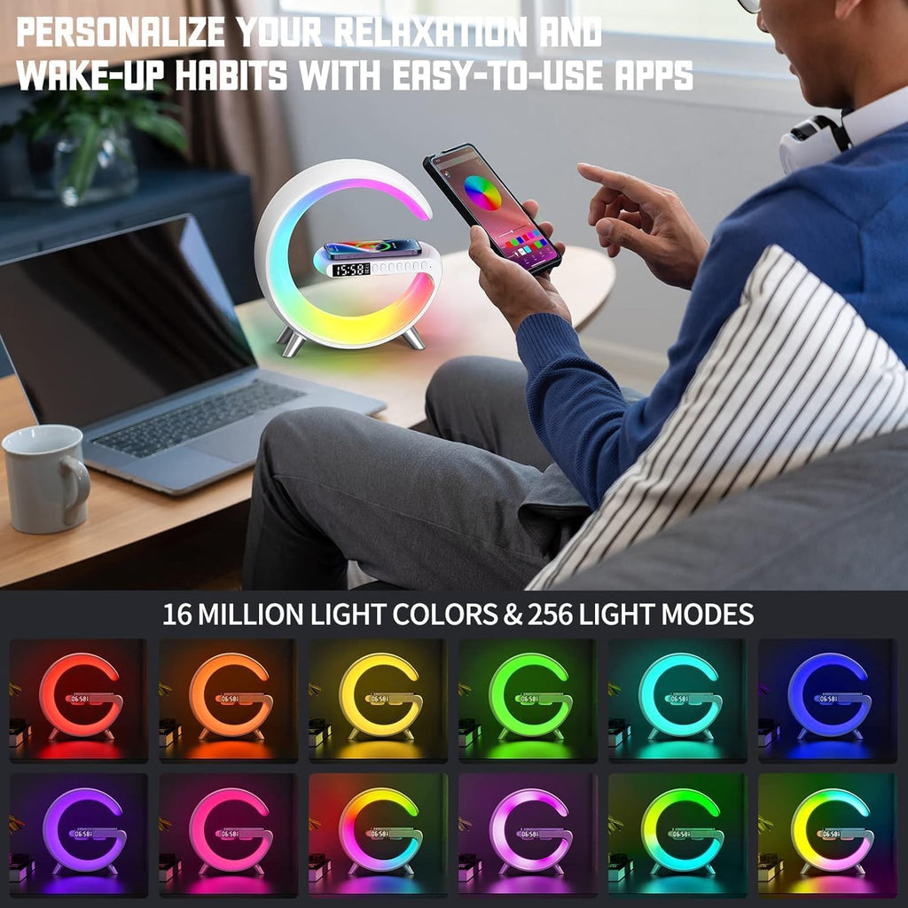 Smart LED Table Lamp, 4-in-1 Wireless Charger, Night Light, Alarm Clock, and Bluetooth Speaker with App Control for Bedroom, Office, and Home Decor (White)