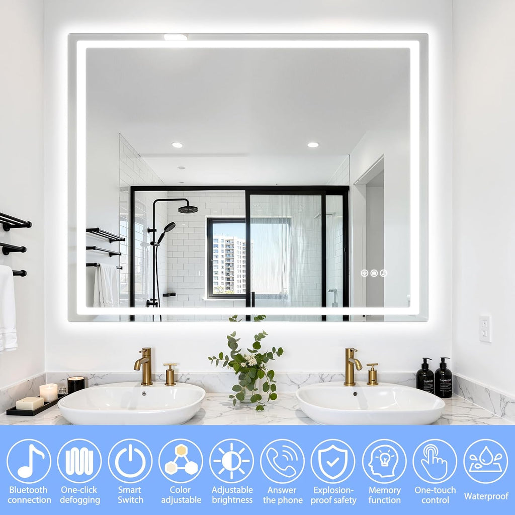 24" Round LED Bathroom Mirror with Anti-Fog & Touch Switch - 60x60cm Wall-Mounted Makeup Vanity Mirror, No Drilling Required, Smart Display (Square)