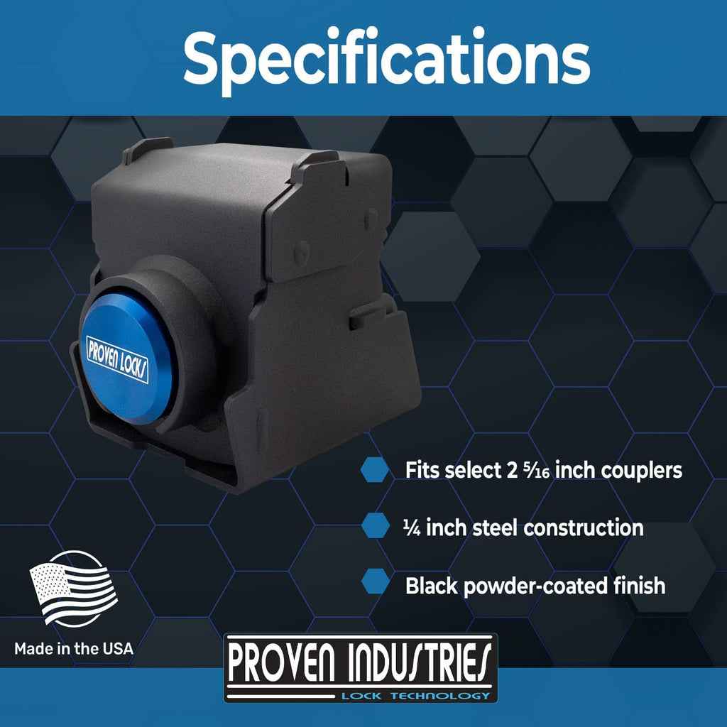 Proven Industries Model 2516 Trailer Lock, Fits 2 5/16-Inch Couplers, Made in The USA (Blue-Square)
