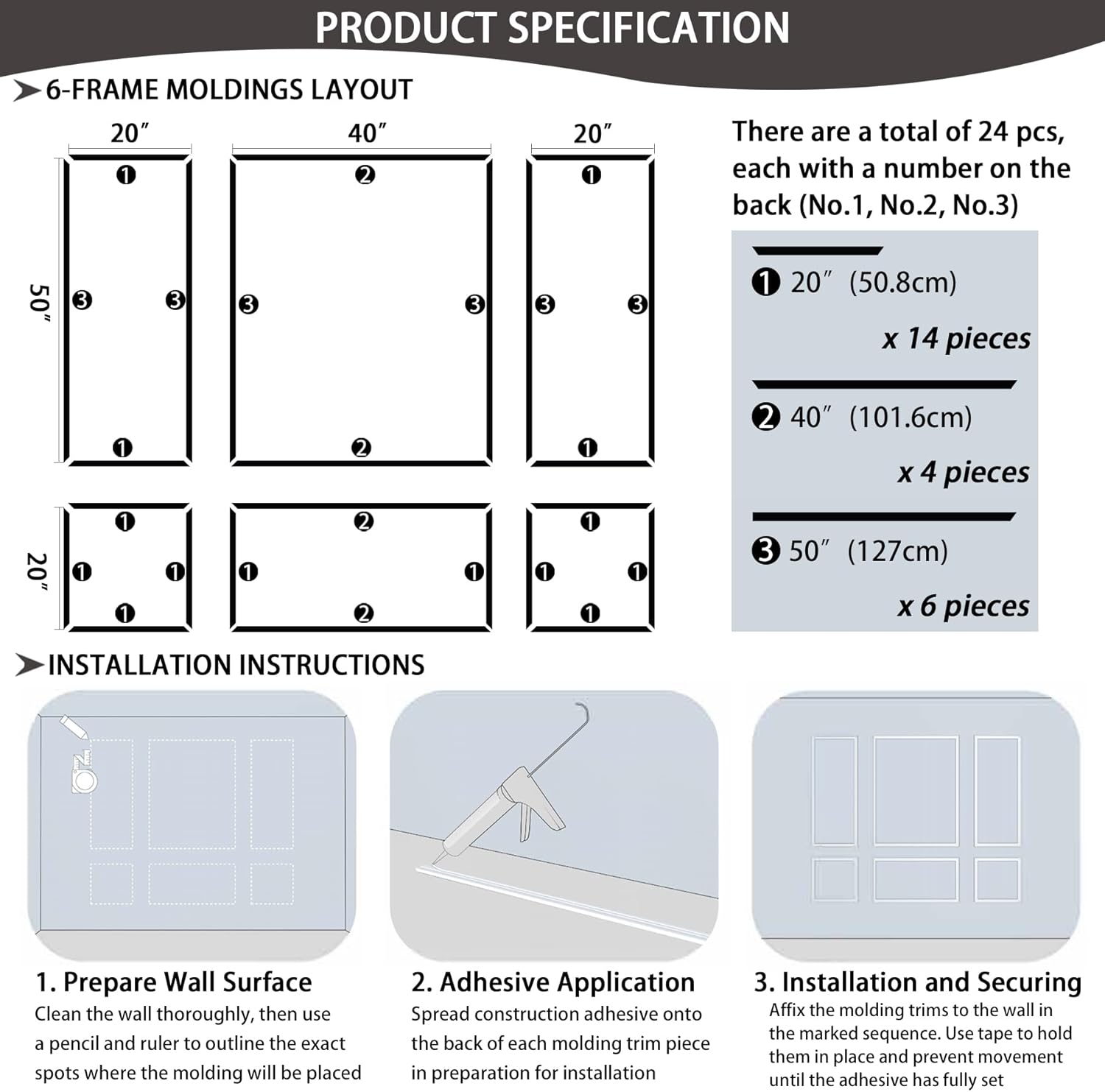 6-Frame Premade Accent Wall Molding Kit, Ready-to-Assemble Wainscoting Panels, Pre-Cut Chair Rail Moulding Trim for Home Décor