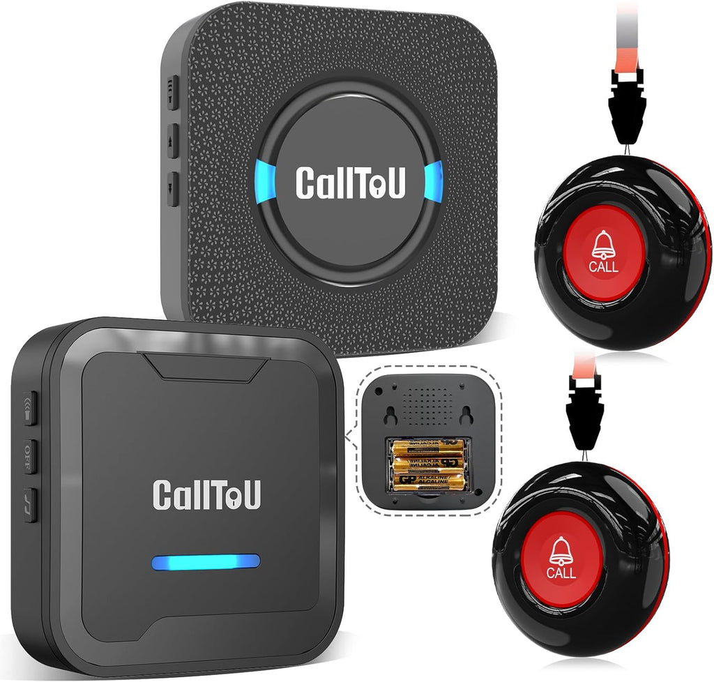 CallToU Wireless Caregiver Pager System – 2 Receivers & 2 Call Buttons for Elderly at Home – 500FT Range SOS Call Bell for Seniors, Patients, Disabled – Easy to Use & Expandable