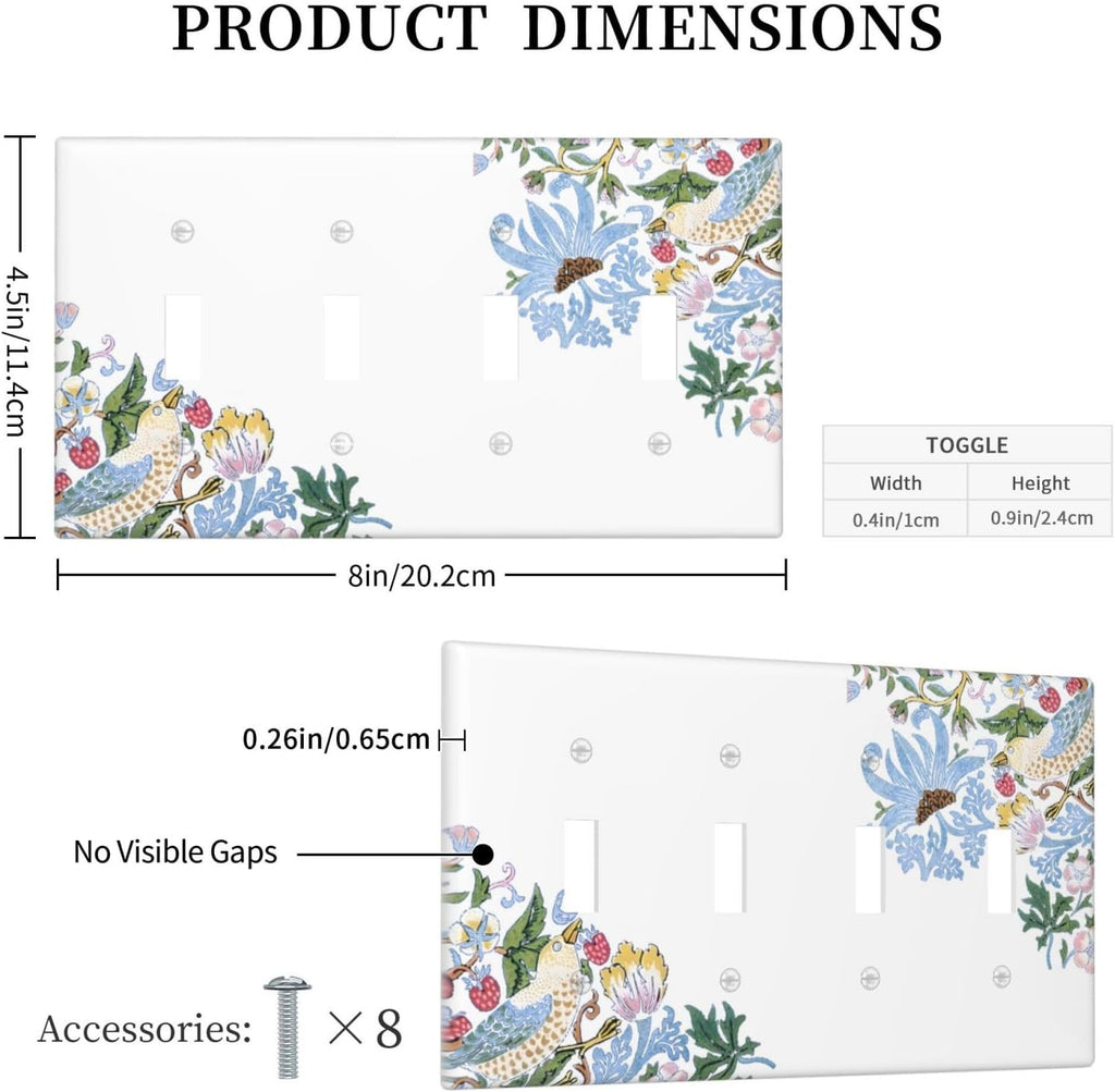 Decorative Light Switch Cover Plate Retro Morris Strawberry Rustic Plant Bird 4 Gang Wall Plate Oversized Quad Toggle Switch Cover Plate Jumbo Faceplate for Bedroom Decor