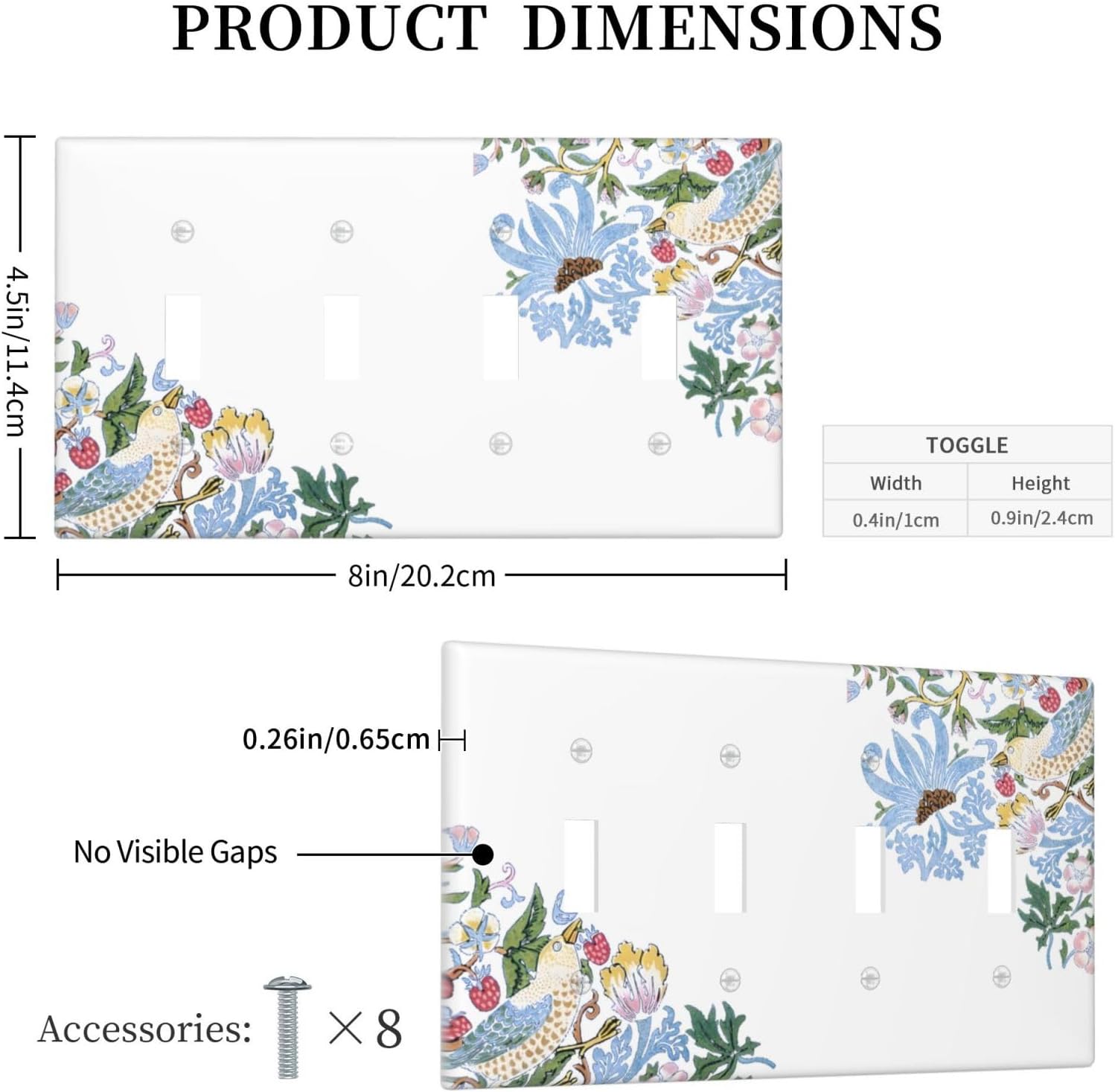Decorative Light Switch Cover Plate Retro Morris Strawberry Rustic Plant Bird 4 Gang Wall Plate Oversized Quad Toggle Switch Cover Plate Jumbo Faceplate for Bedroom Decor