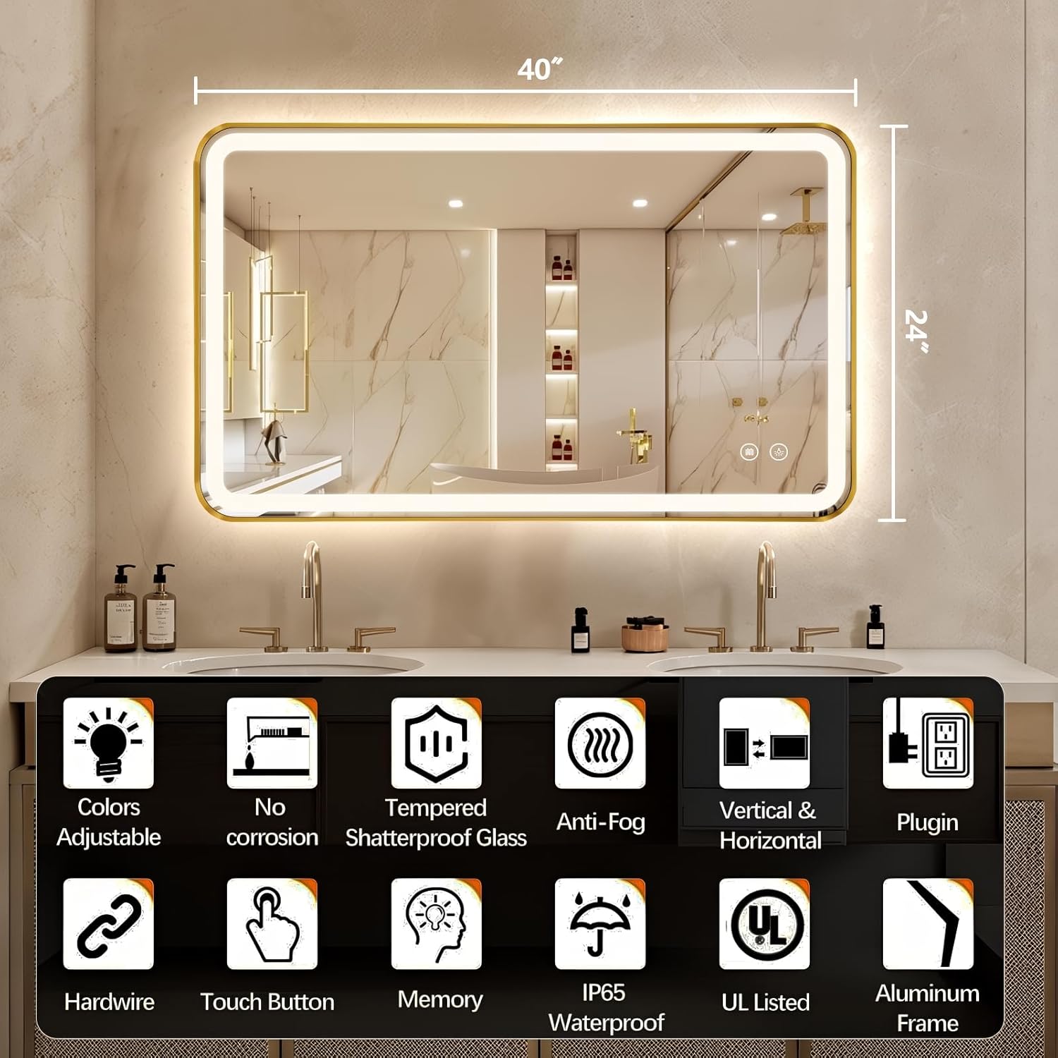 40"x24" Lighted Vanity Mirror with Lights, Gold Metal Frame Led Mirror for Bathroom, Anti-Fog Wall Mirror with Front and Backlit, Shatterproof, 3 Colors Stepless Dimmable, Horizontal/Vertical