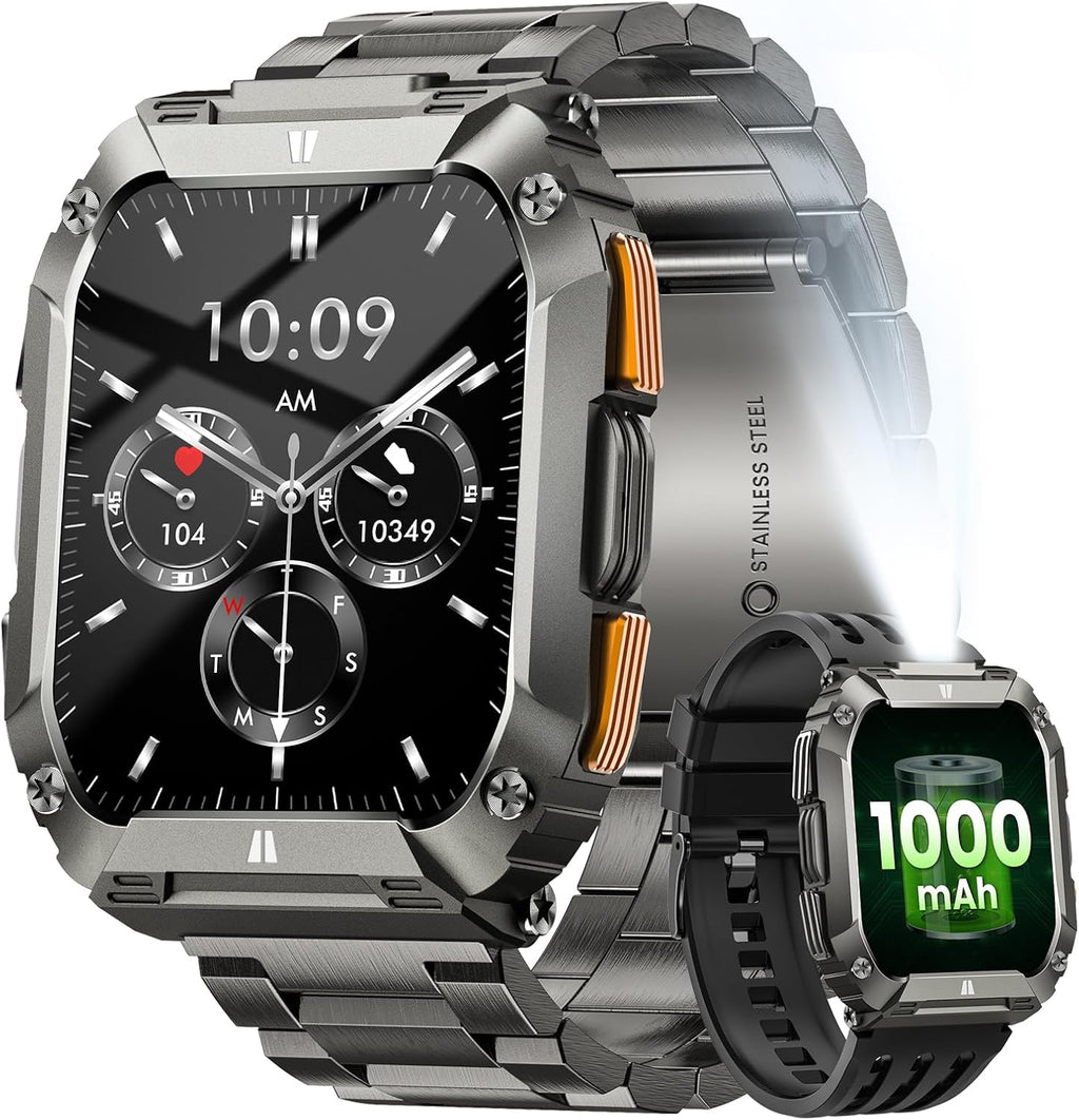 Military Smart Watches for Men, 1.95'' Smart Watch with 100 Days Battery/Flashlight, Fitness Tracker Watch with Heart Rate/Sleep Monitor/100+ Sports Mode,5 ATM Rugged Smartwatch for Android and iPhone