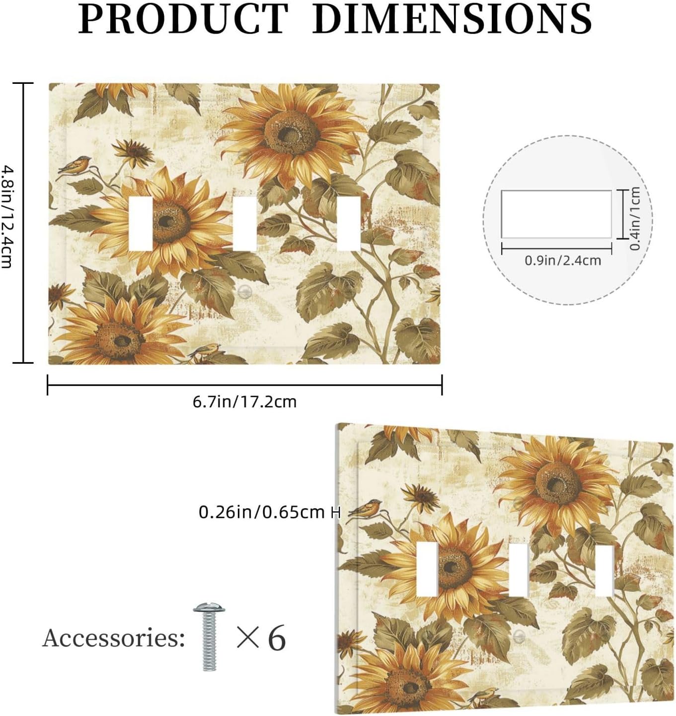 Decorative Switch Plates Rustic Sunflower Floral Pattern 3 Gang Wall Plate Triple Toggle Light Switch Cover Faceplate Electrical Wall Panels for Bedroom Cabin Decor
