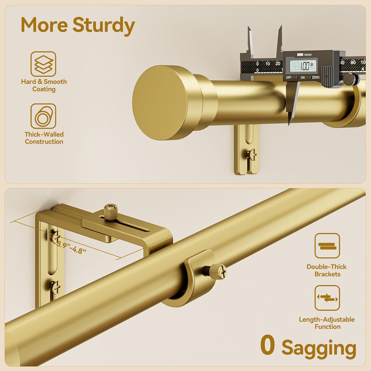 Curtain Rod 32-58 Inch, Heavy Duty 1 Inch Adjustable Curtain Rods for Windows, Gold Short Window Treatment Rods, Modern Design, Easy Installation