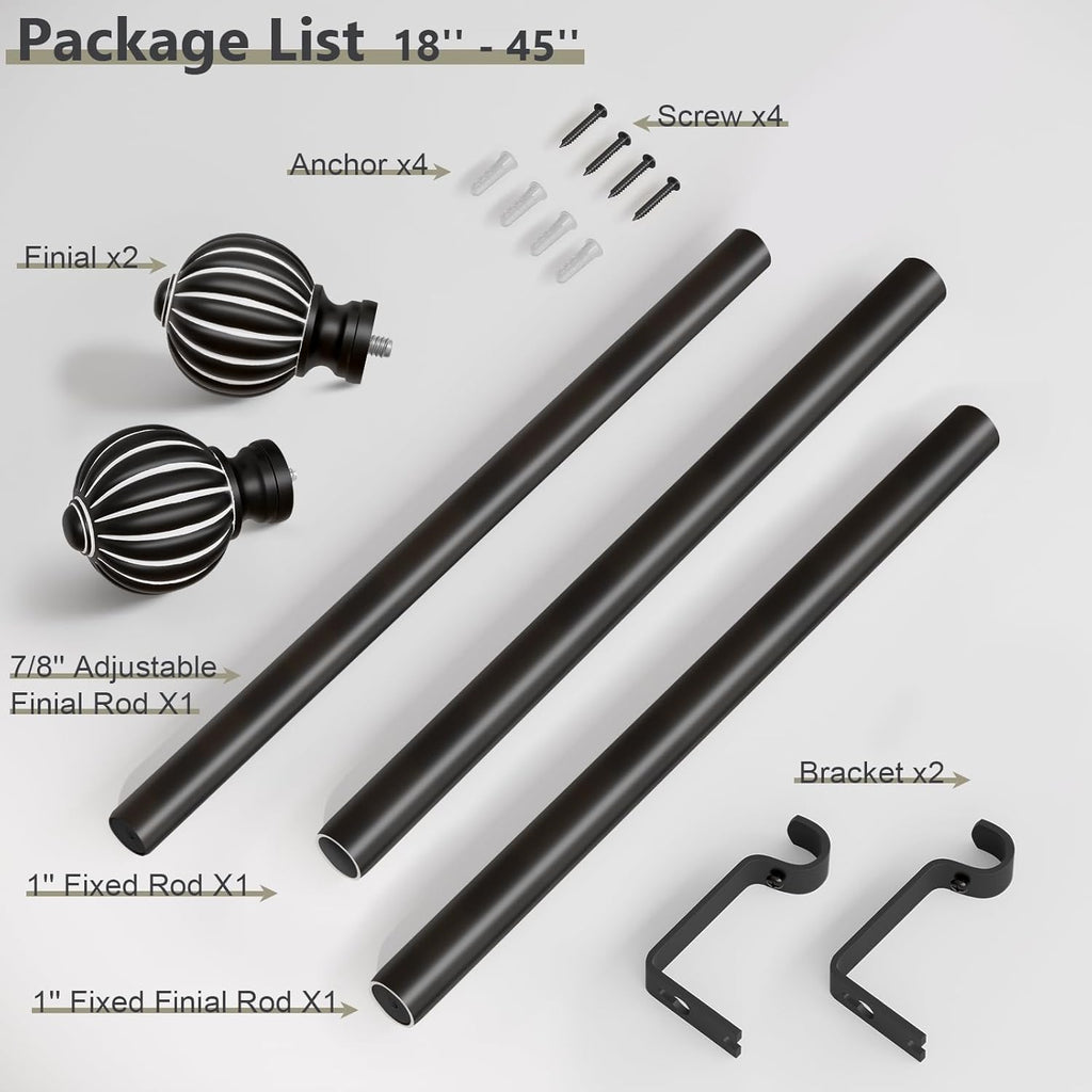 Black Curtain Rods for Windows 28 to 48 Inch, 1'' Adjustable Heavy Duty Curtain Rod，Vintage Decorative Drapery Rods with Pumpkin Finials for Bedroom Living Room