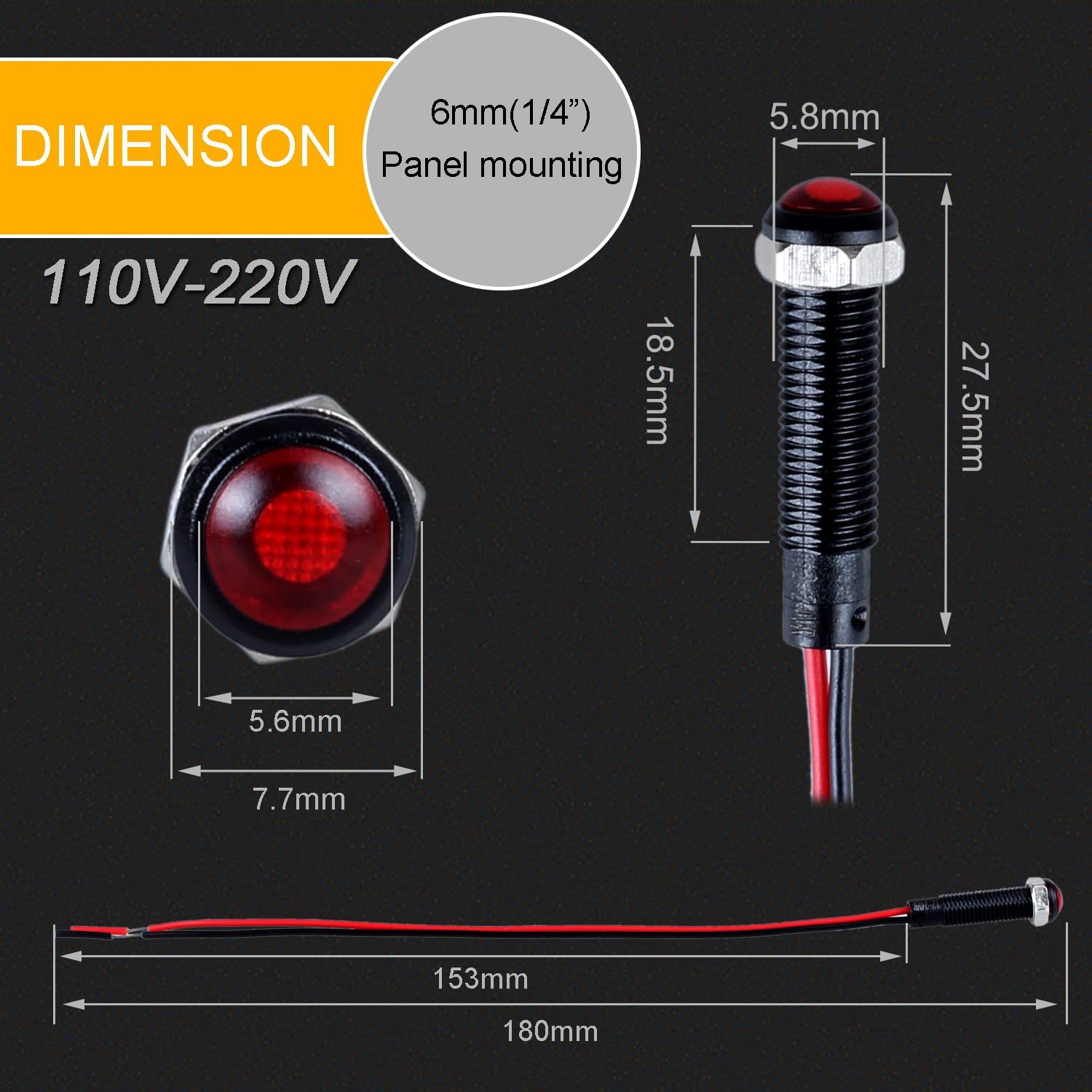 5pcs 6mm LED Indicator Light Plastic Black Signal Dot Lamp 110-220VAC 1/4" Mounting Hole Size with 15cm/5.9in. Wire (Mix:Red White Yellow Blue Green)