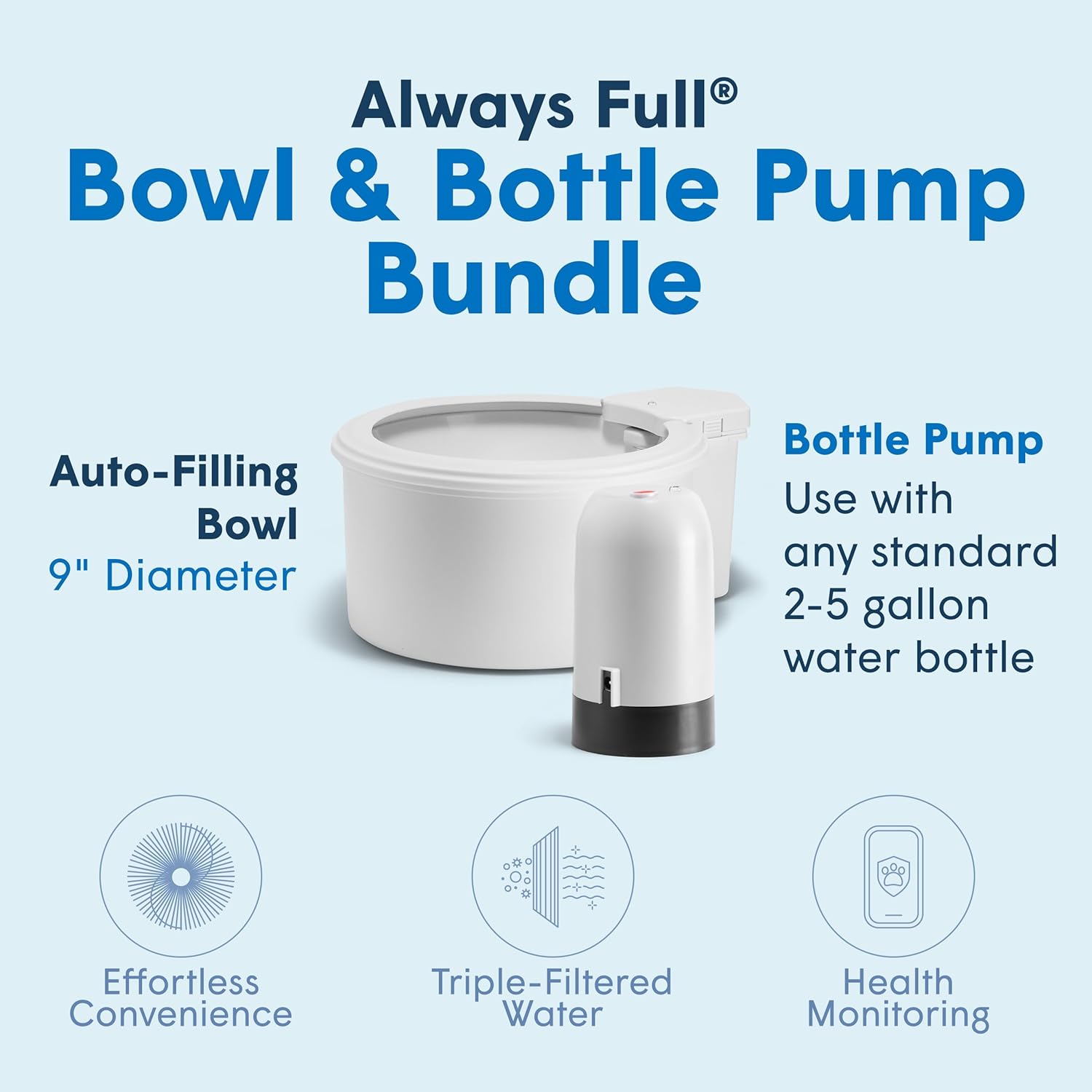 Always Full® 9" Pet Water Bowl and Bottle Pump Bundle, Self-Refilling, Clean Filtered Water, App-Enabled Hydration Monitoring, Easy Upgrade to Wall Unit, Cat and Dog Water Bowls