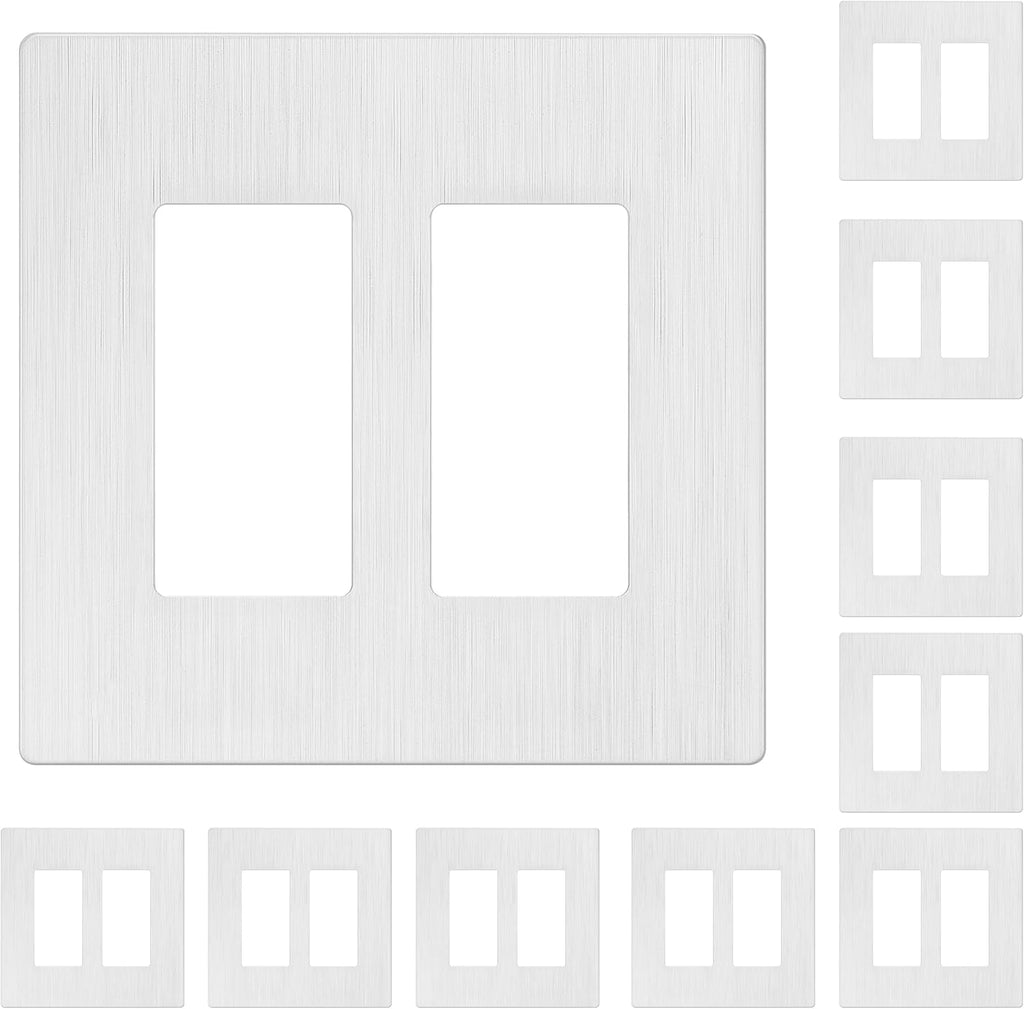 LIDER Brushed Finish Double Decorator Switch Cover, Screwless Wall Plate, Mid-Size 2-Gang 4.88" x 4.92", Unbreakable Polycarbonate Thermoplastic, UL Listed, LSWP-32M-BW10P, Brushed White, 10 pack