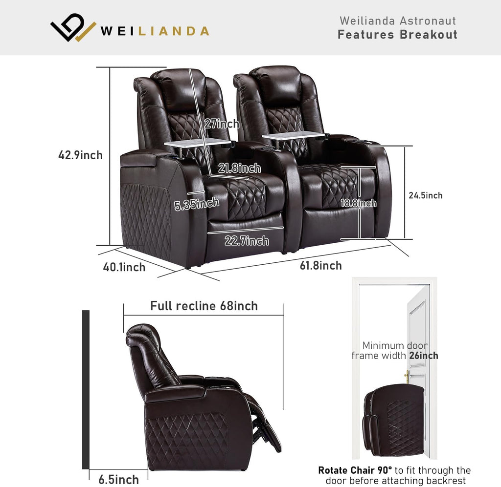 Weilianda Home Theater Seating Top Grain Leather Zero Gravity Recliner Chair Power Headrest Recline Movie Seat Gaming 7 Colors Mood Light Sofa with Tray Table USB Charge Row of 2 Brown